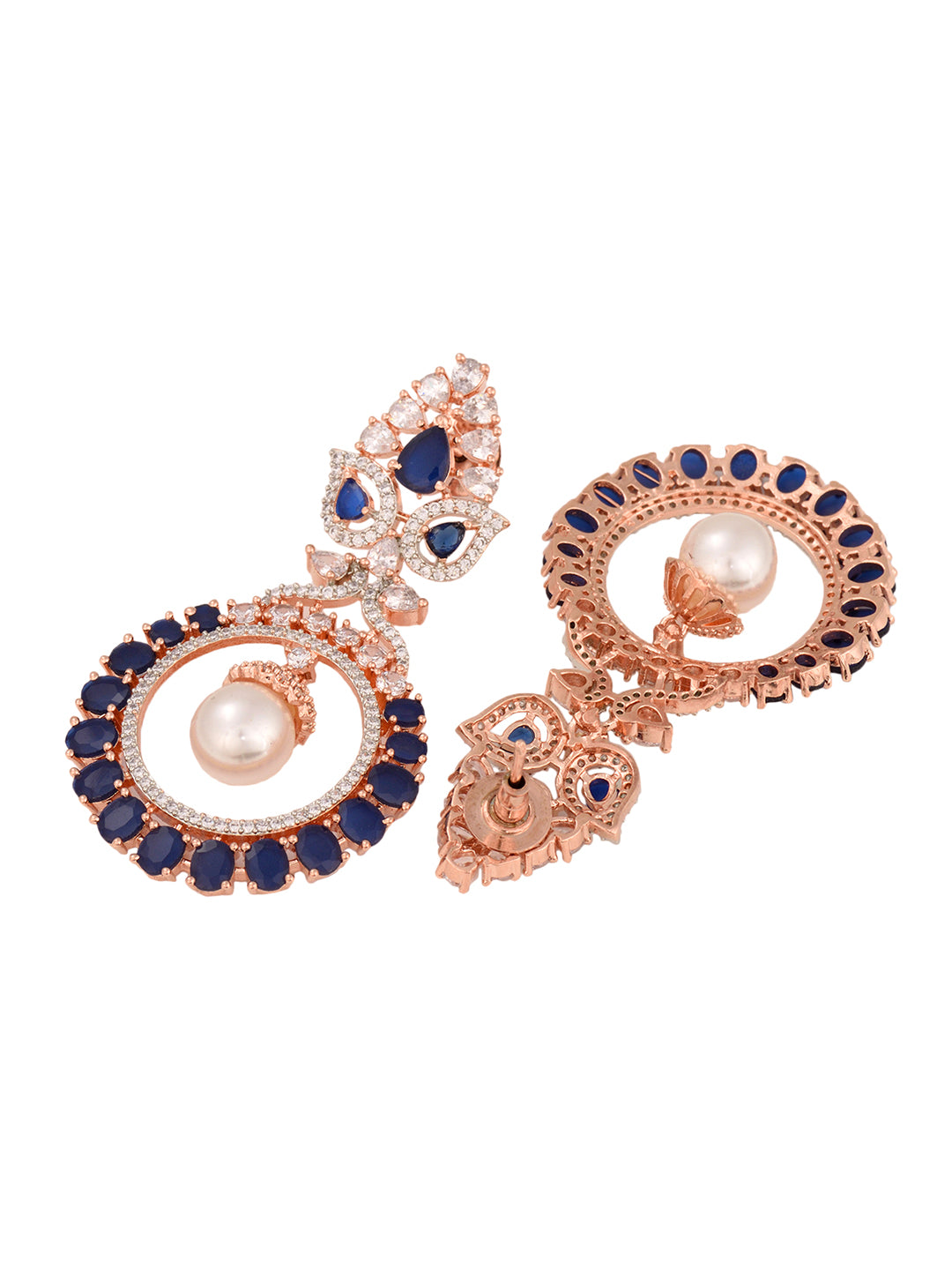 Rose Gold Plated Pearl Blue AD Studded Chandbali Drop Earrings