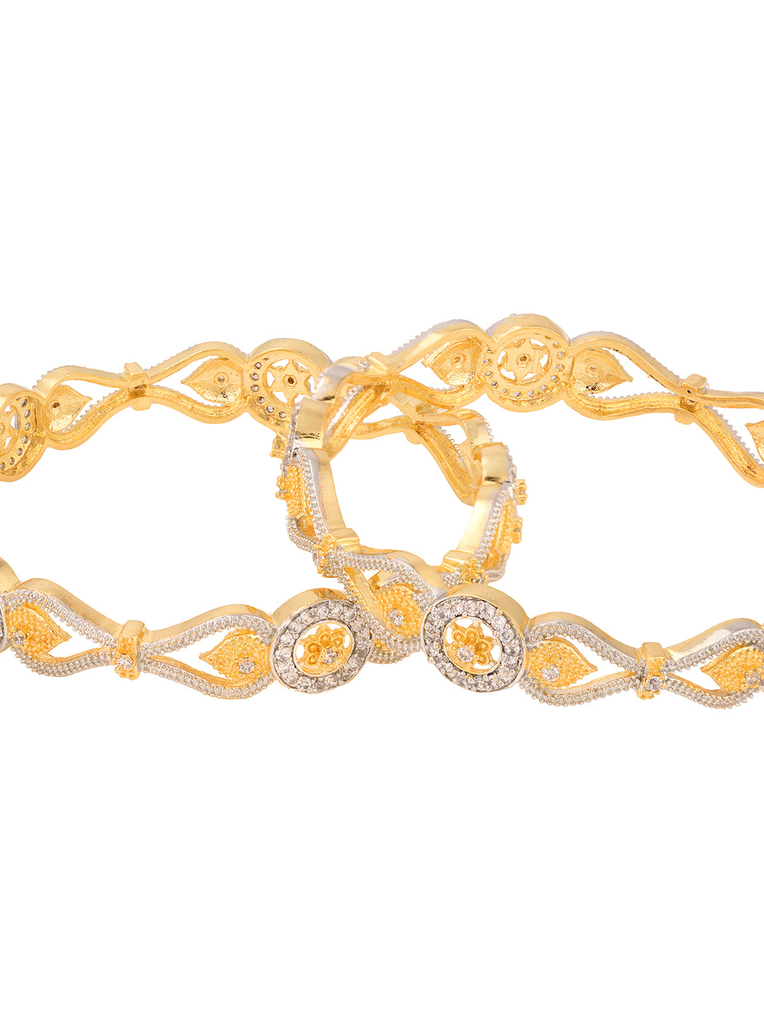 Set Of 2 Dua Toned Gold Plated Whitee AD Studded Handcrafted Leafy Design Bangles