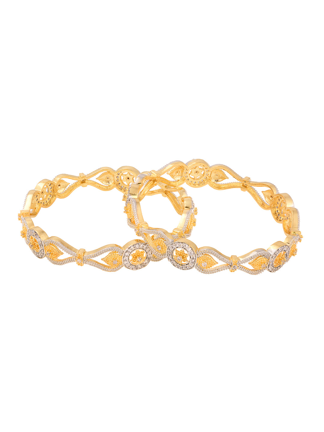 Set Of 2 Dua Toned Gold Plated Whitee AD Studded Handcrafted Leafy Design Bangles