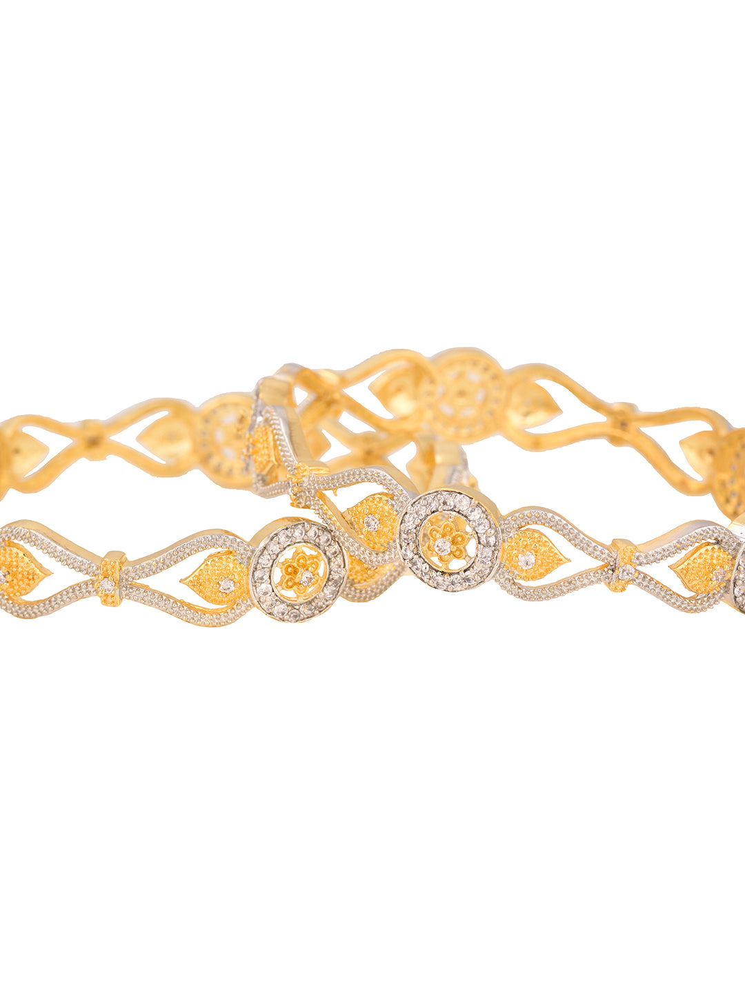 Set Of 2 Dua Toned Gold Plated Whitee AD Studded Handcrafted Leafy Design Bangles