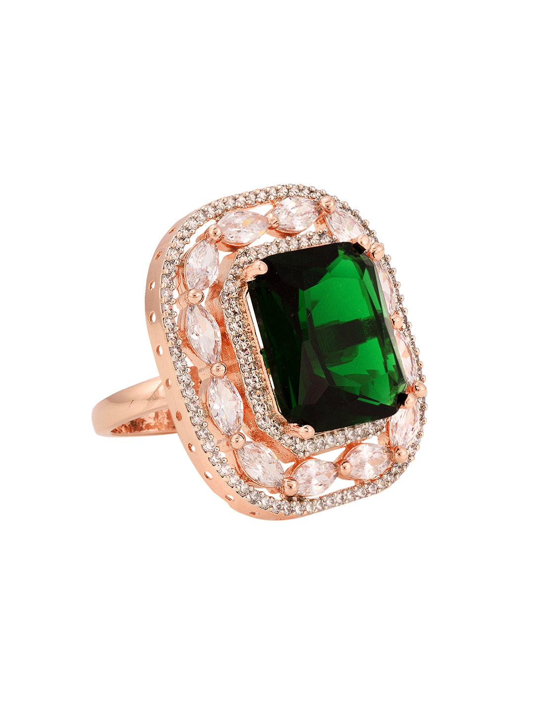 Rose Gold Plated Emerald Green Studded Adjustable Statement Cocktail Finger Ring