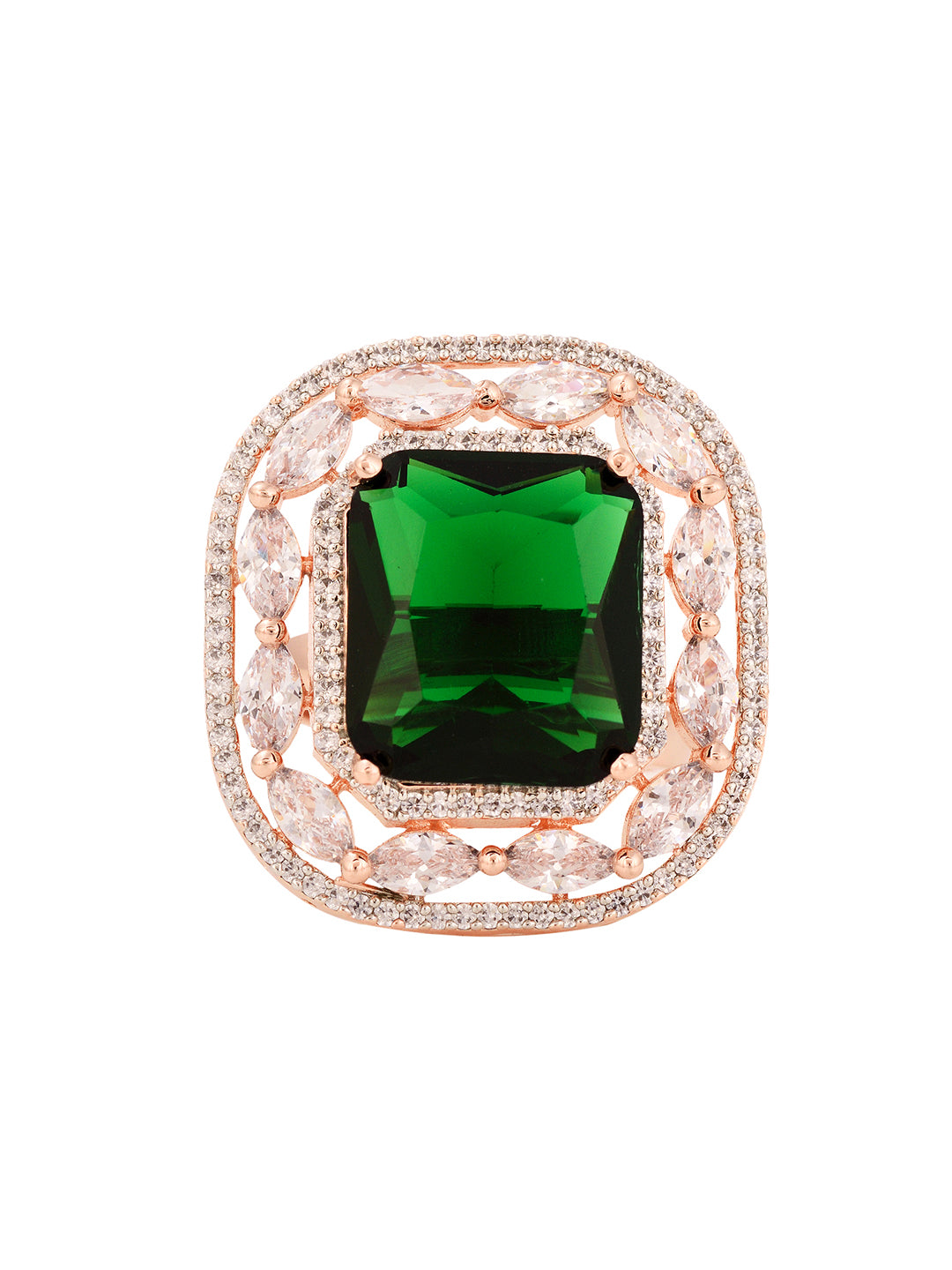 Rose Gold Plated Emerald Green Studded Adjustable Statement Cocktail Finger Ring