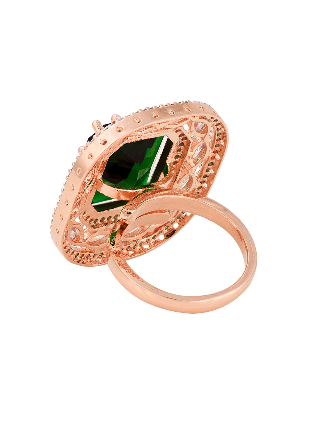 Rose Gold Plated Emerald Green Studded Adjustable Statement Cocktail Finger Ring