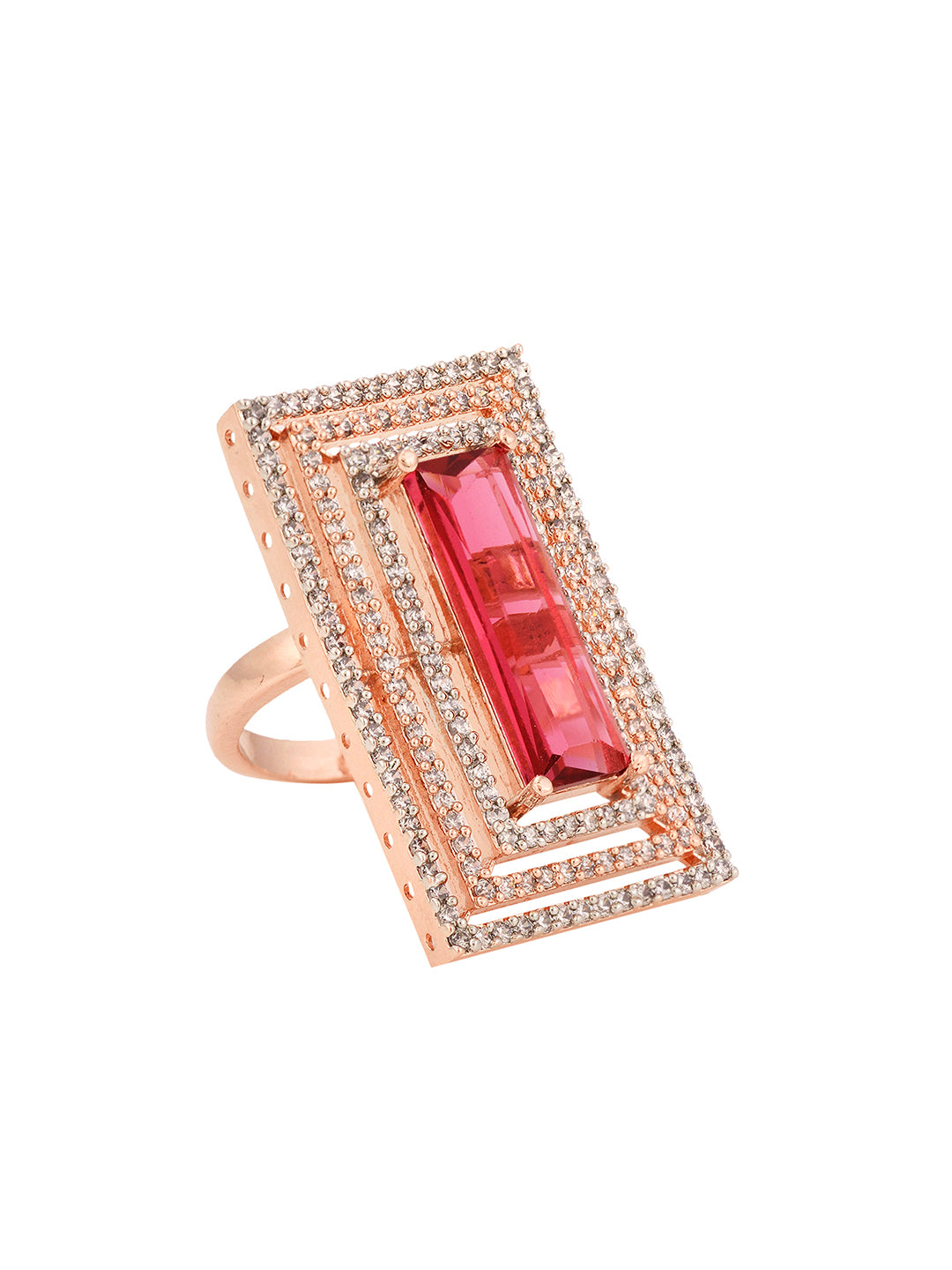 Rose Gold Plated Pink Ruby Studded Solitaire Adjustable Cocktail Finger Ring