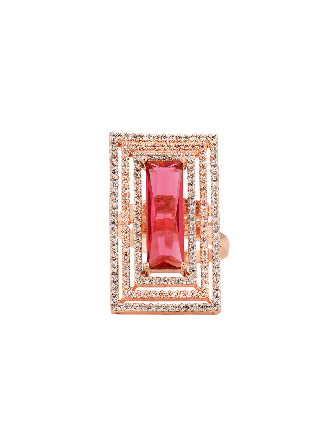 Rose Gold Plated Pink Ruby Studded Solitaire Adjustable Cocktail Finger Ring