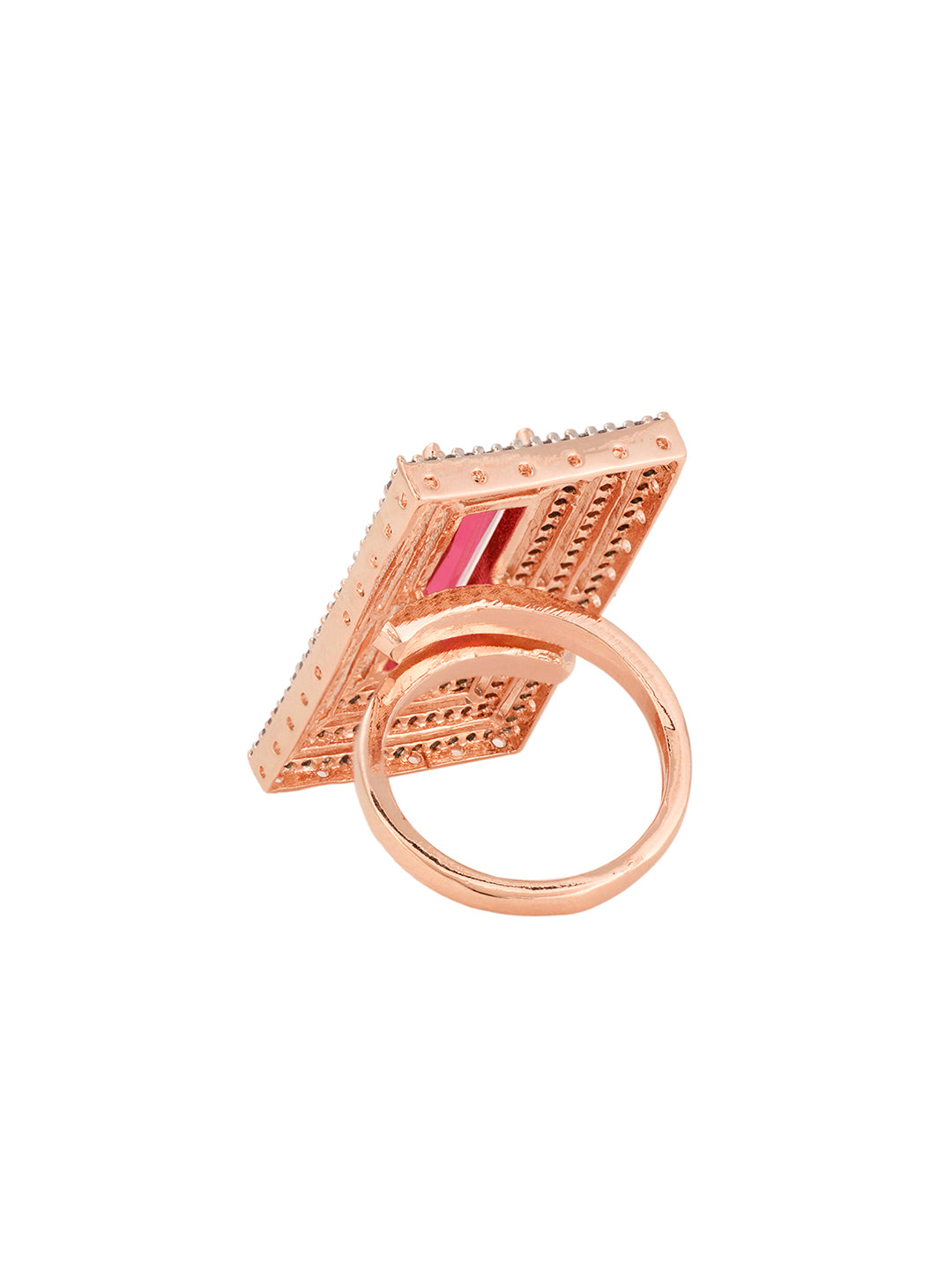 Rose Gold Plated Pink Ruby Studded Solitaire Adjustable Cocktail Finger Ring