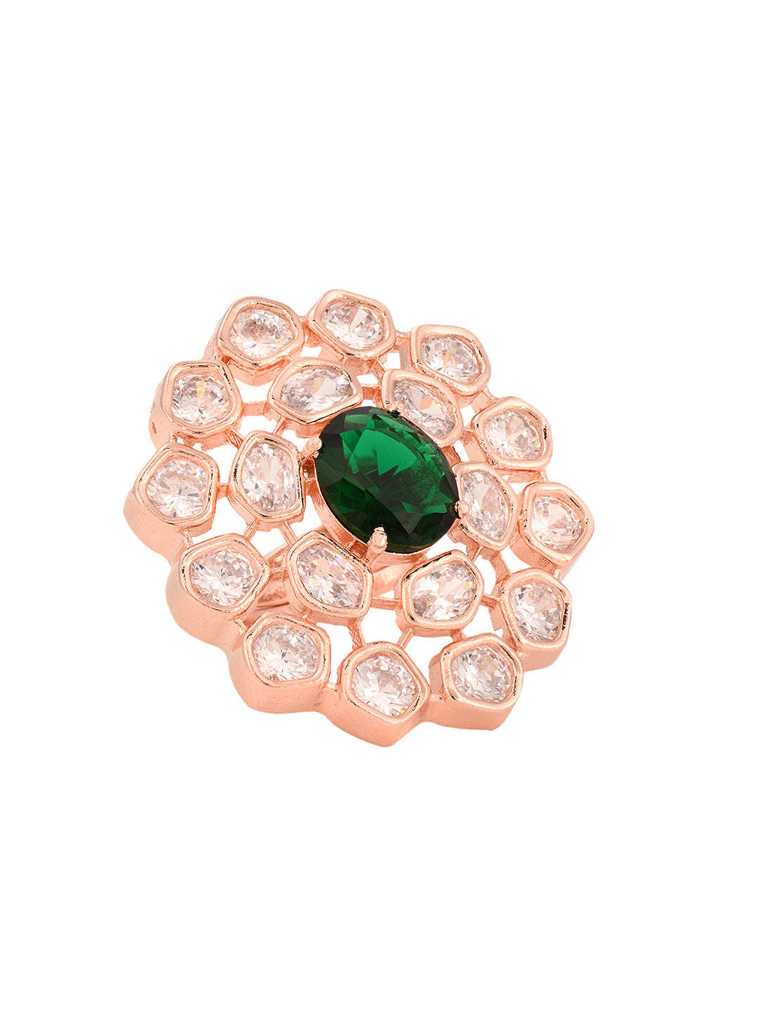 Rose Gold Plated Green AD Studded Floral Adjustable Cocktail Finger Rings