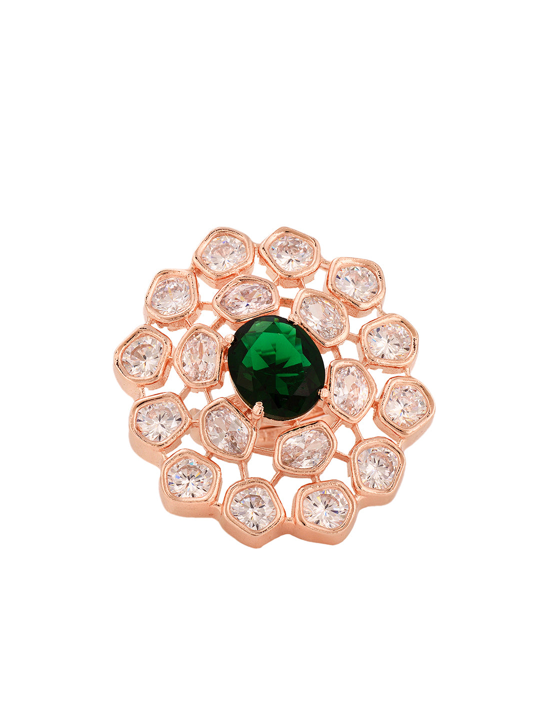 Rose Gold Plated Green AD Studded Floral Adjustable Cocktail Finger Rings