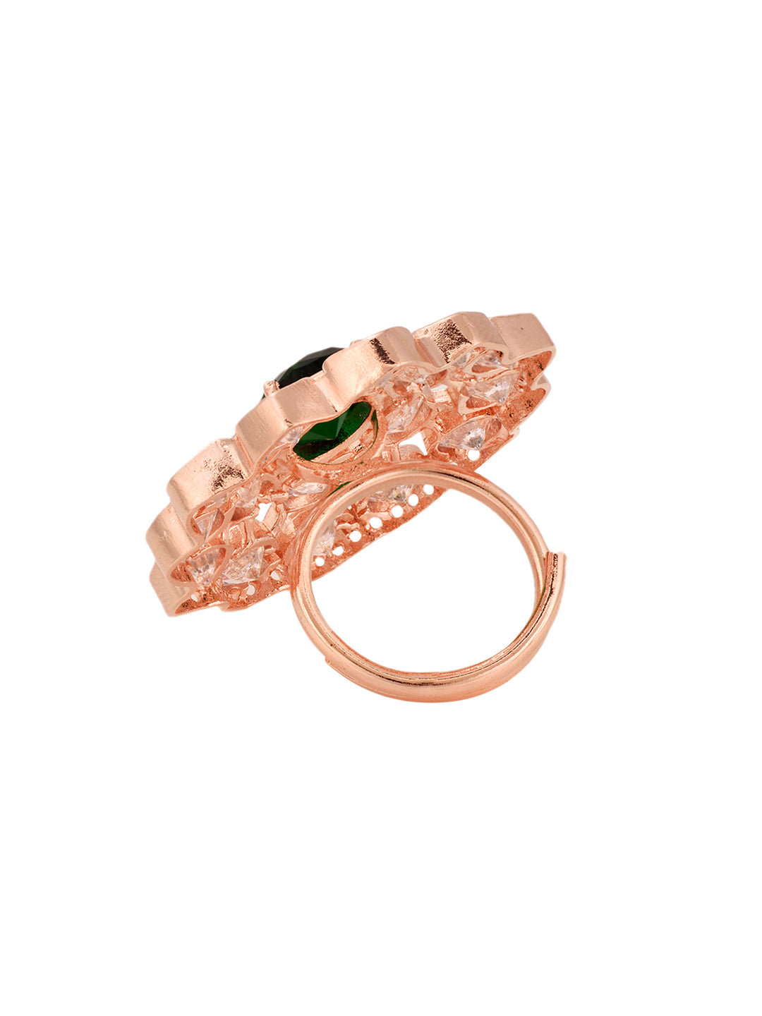 Rose Gold Plated Green AD Studded Floral Adjustable Cocktail Finger Rings