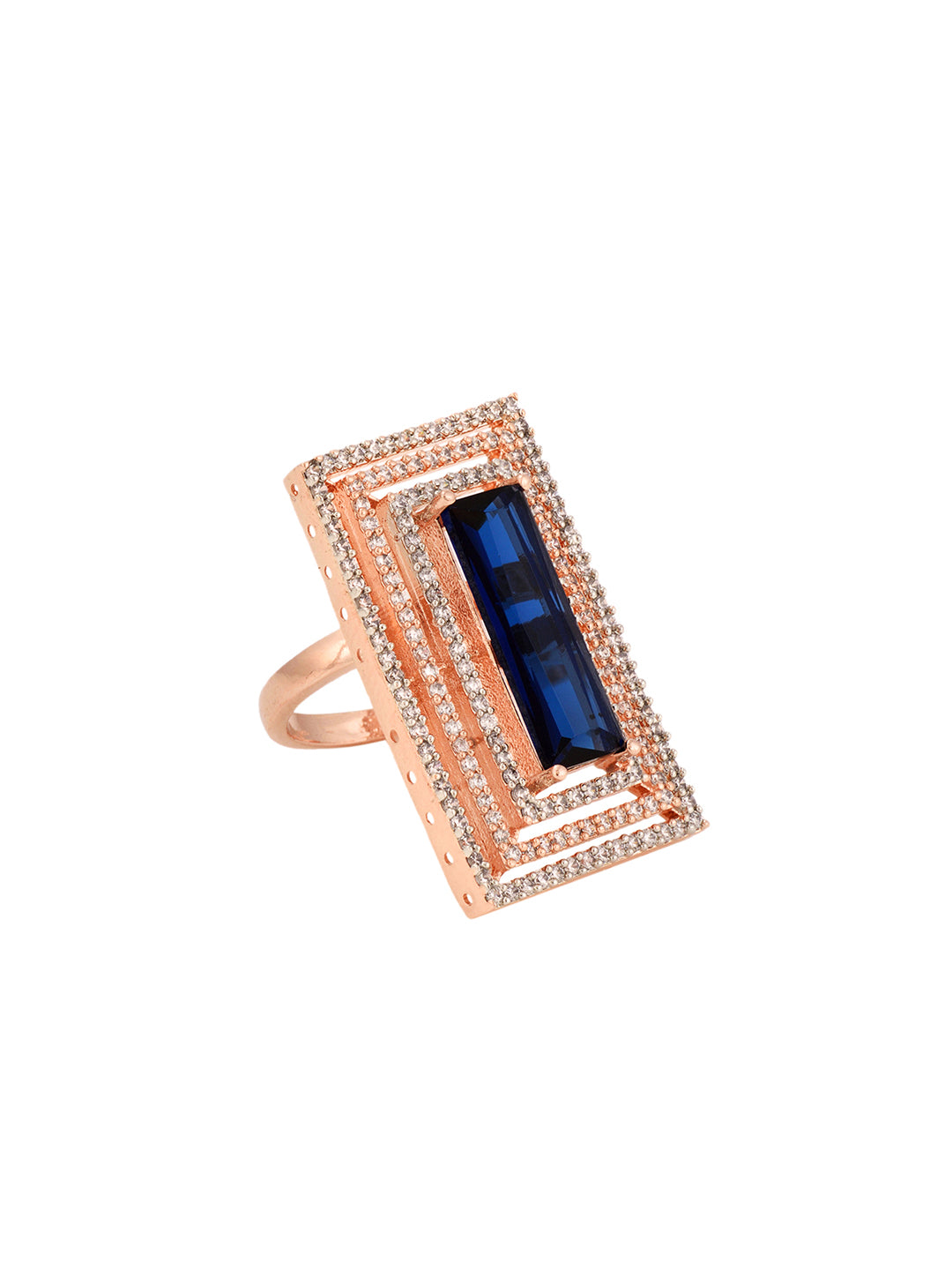 Rose Gold Plated Blue Studded Solitaire Adjustable Cocktail Finger Ring