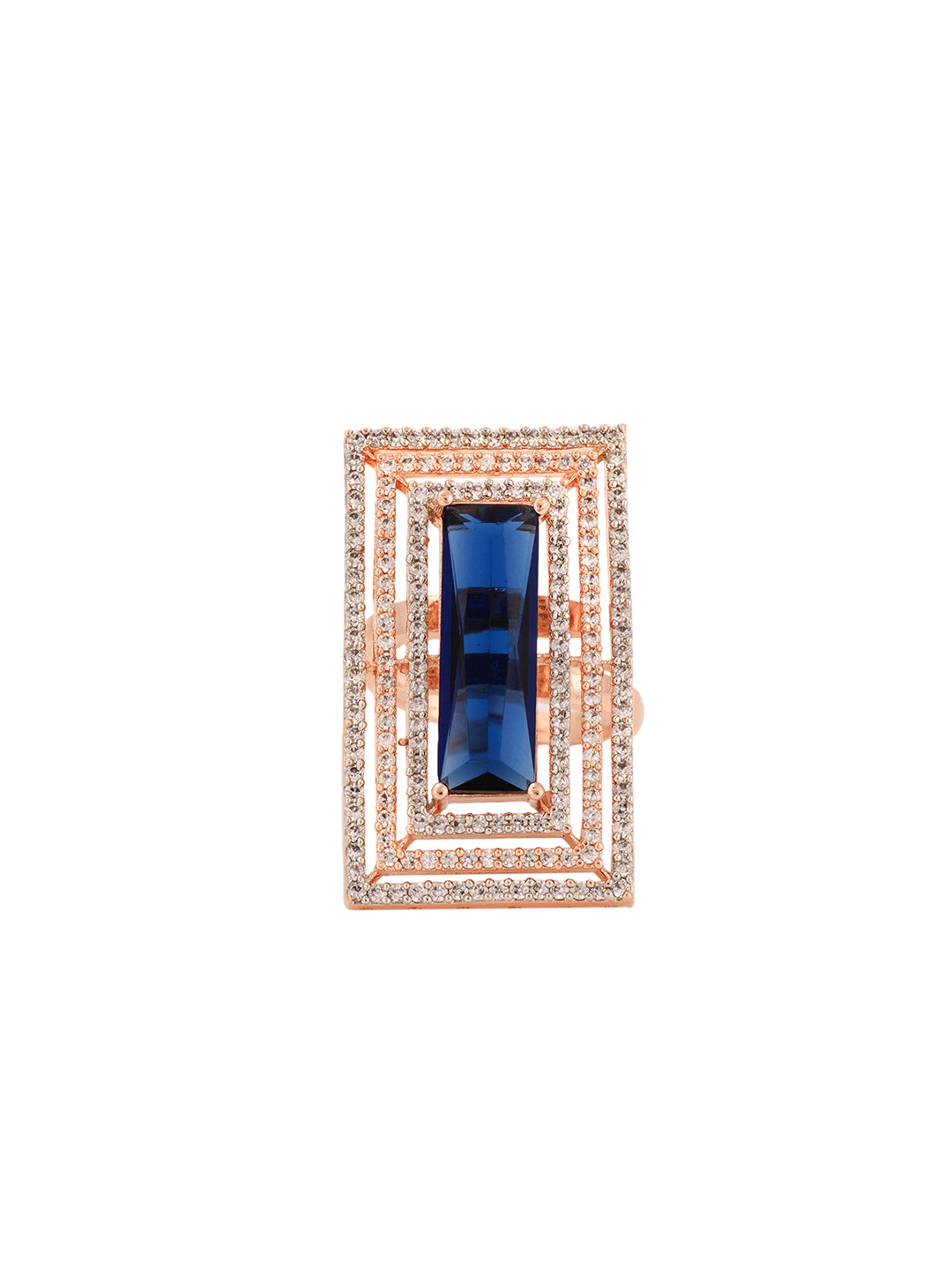 Rose Gold Plated Blue Studded Solitaire Adjustable Cocktail Finger Ring