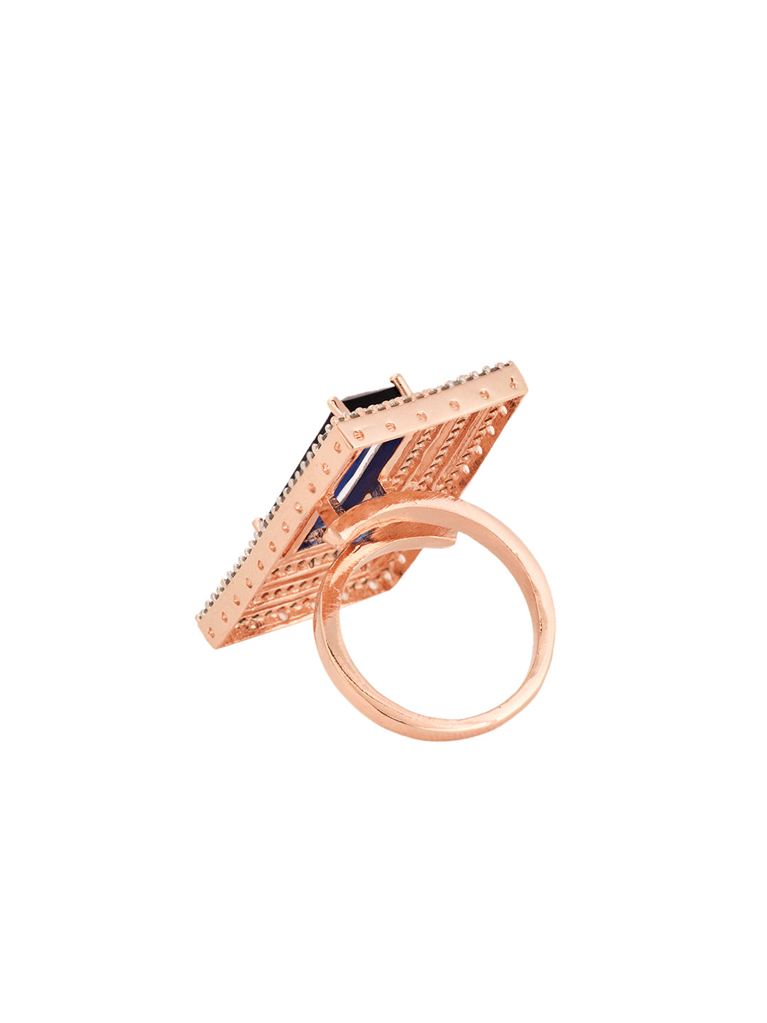 Rose Gold Plated Blue Studded Solitaire Adjustable Cocktail Finger Ring