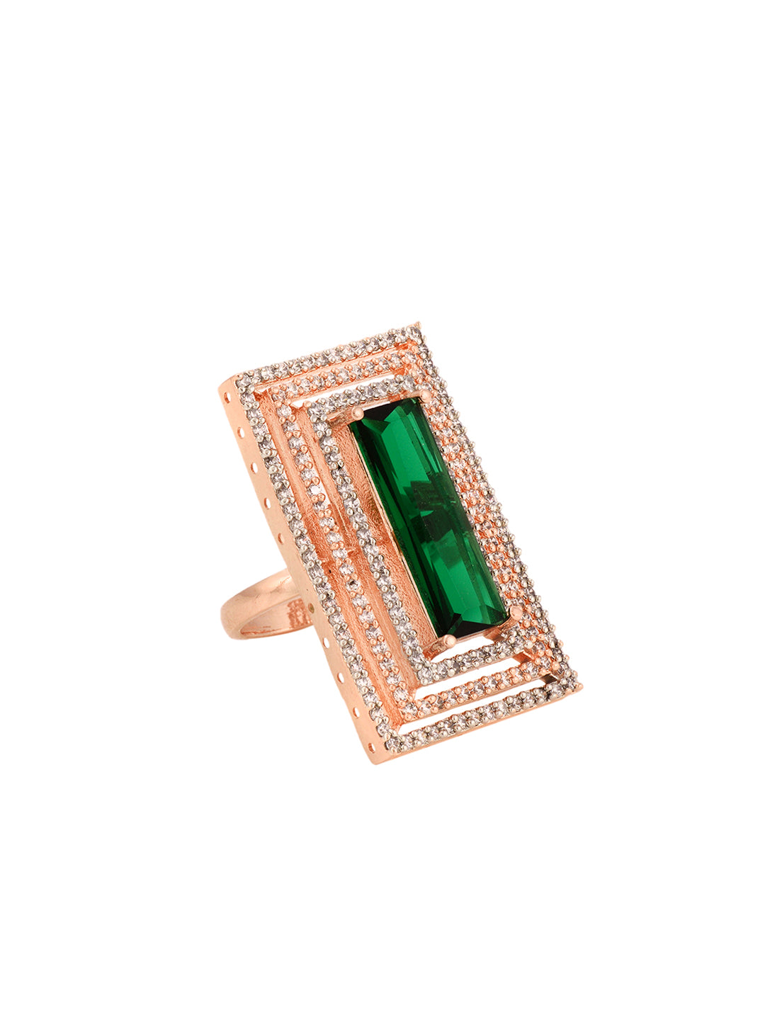 Rose Gold Plated Green Studded Solitaire Adjustable Cocktail Finger Ring