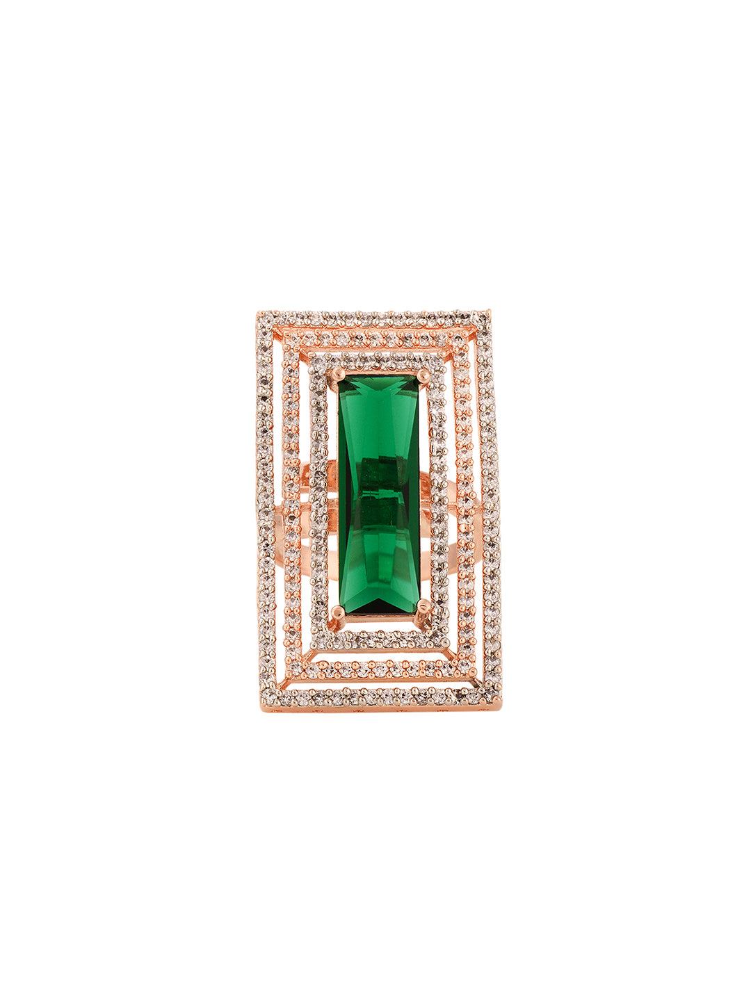 Rose Gold Plated Green Studded Solitaire Adjustable Cocktail Finger Ring