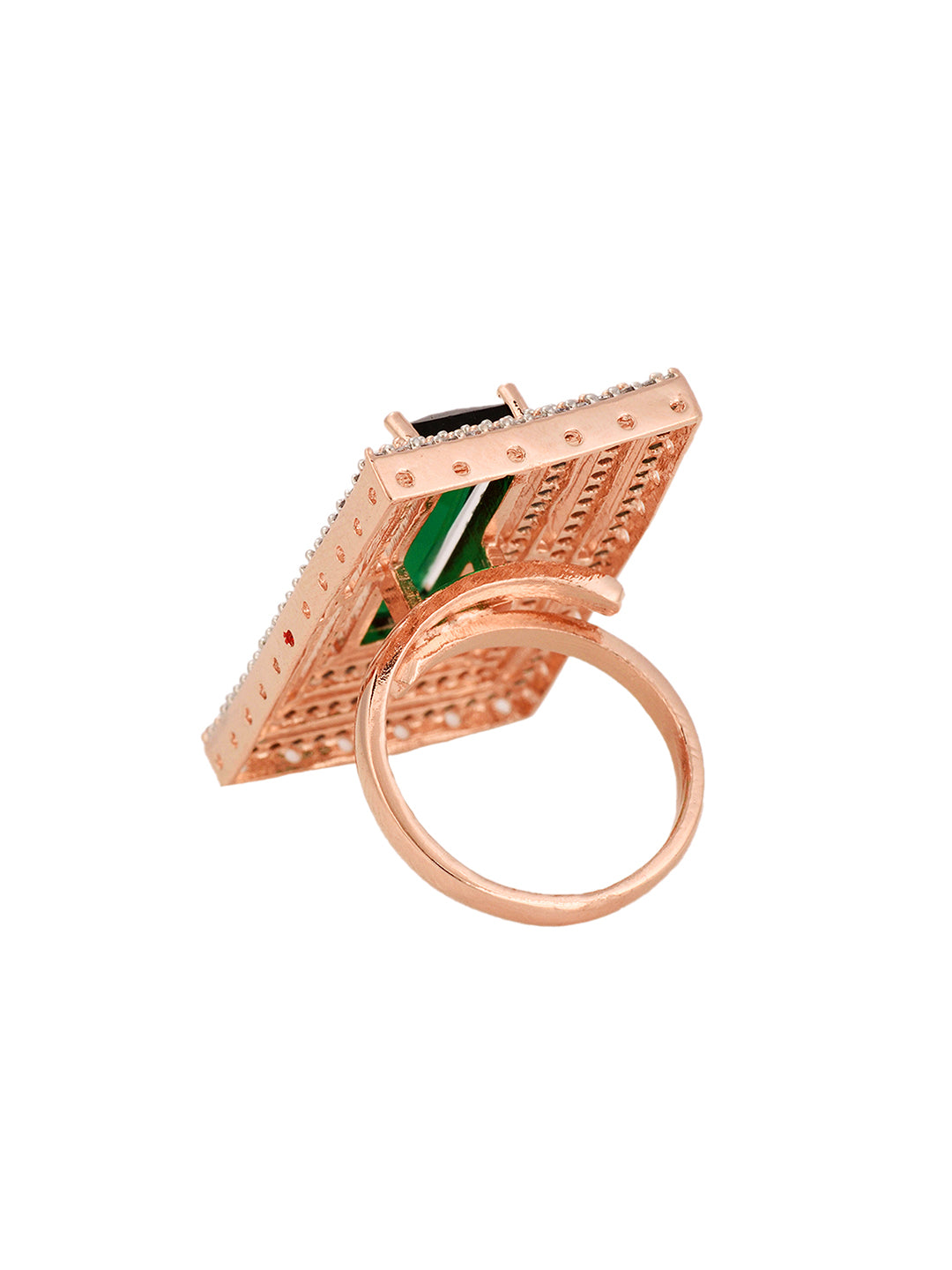 Rose Gold Plated Green Studded Solitaire Adjustable Cocktail Finger Ring