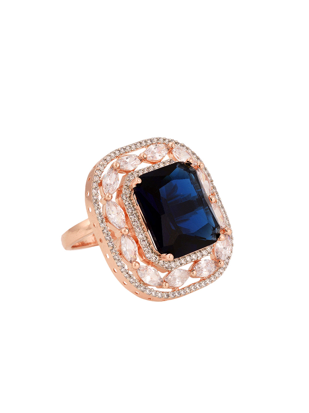 Rose Gold Plated Blue Studded Adjustable Cocktail Finger Ring