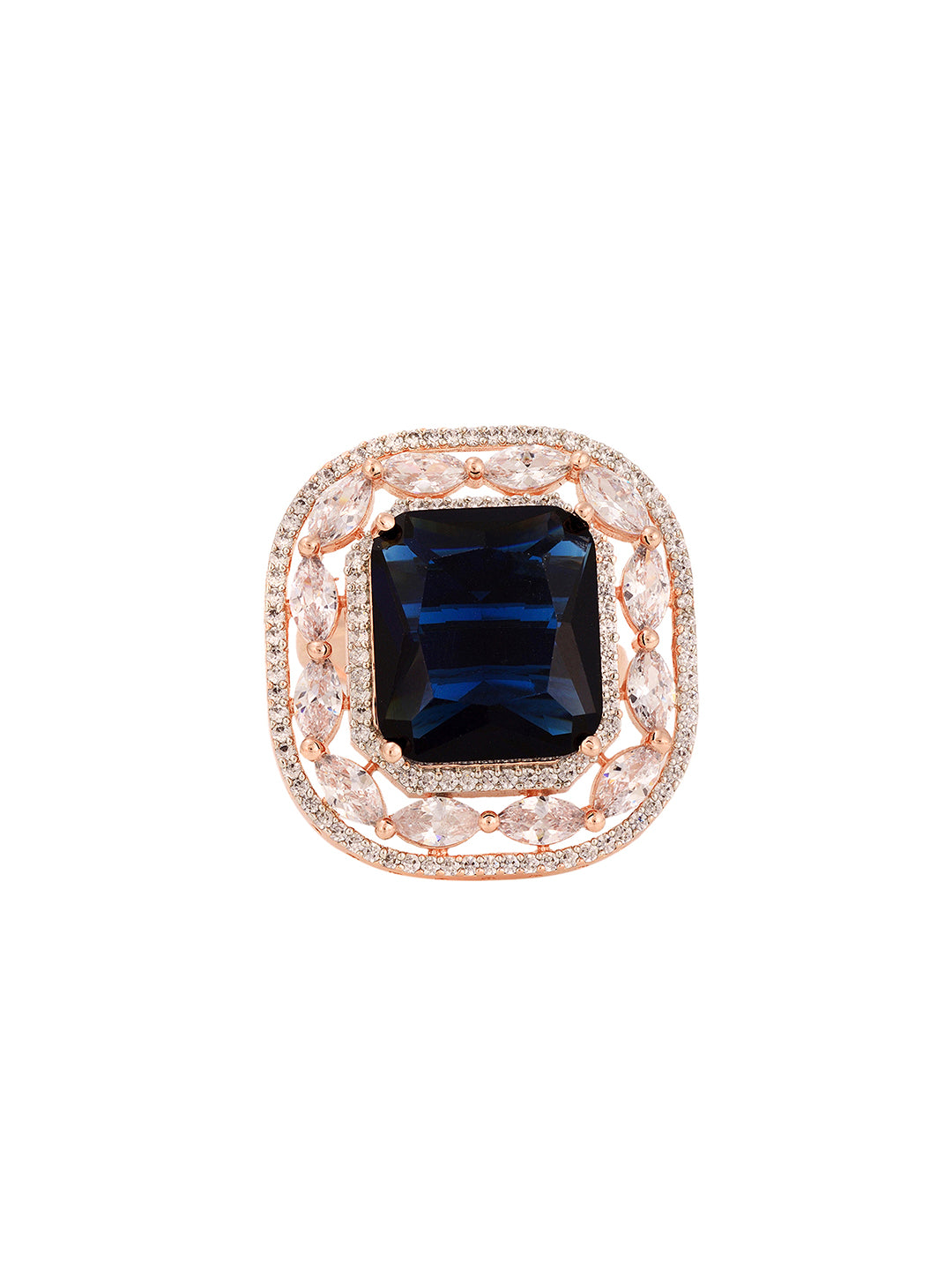 Rose Gold Plated Blue Studded Adjustable Cocktail Finger Ring