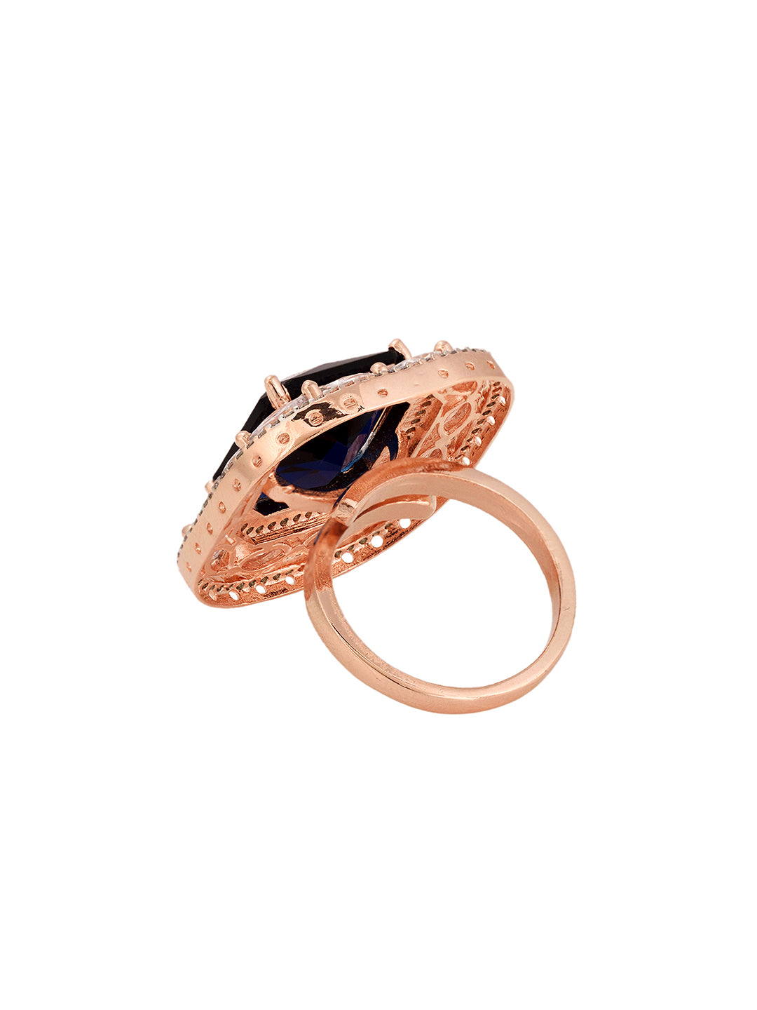 Rose Gold Plated Blue Studded Adjustable Cocktail Finger Ring