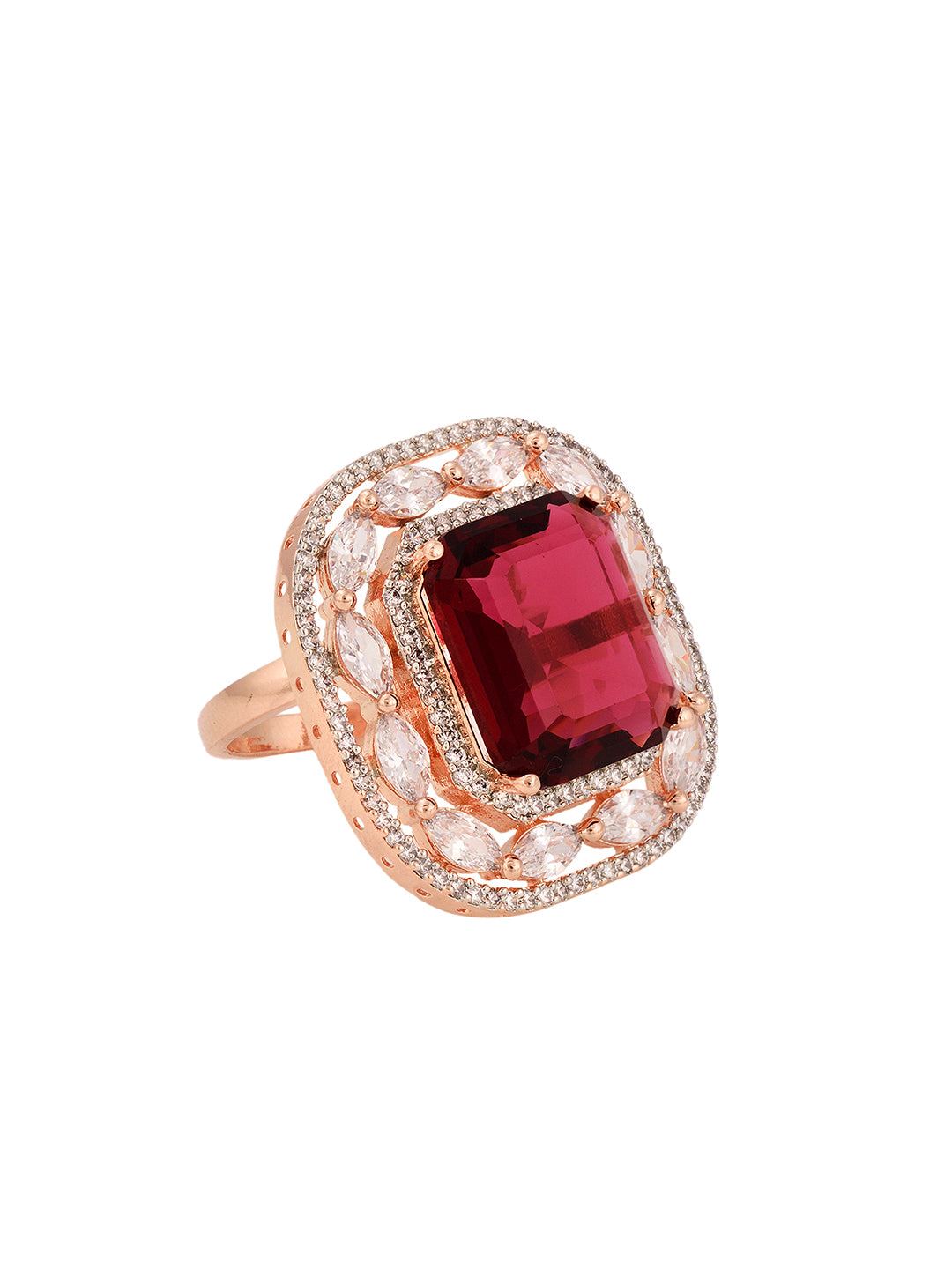Rose Gold Plated Pink Ruby Studded Adjustable Cocktail Finger Ring