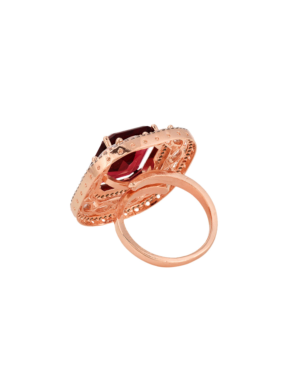 Rose Gold Plated Pink Ruby Studded Adjustable Cocktail Finger Ring