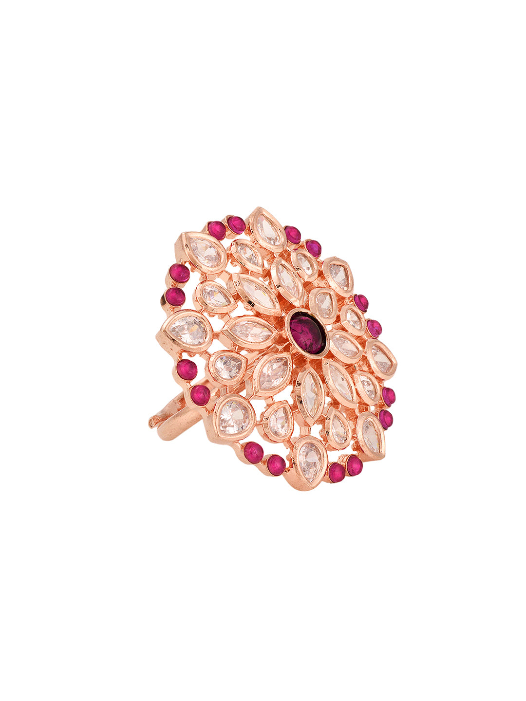 Rose Gold Plated Pink Ruby AD Studded Floral Adjustable Cocktail Finger Rings