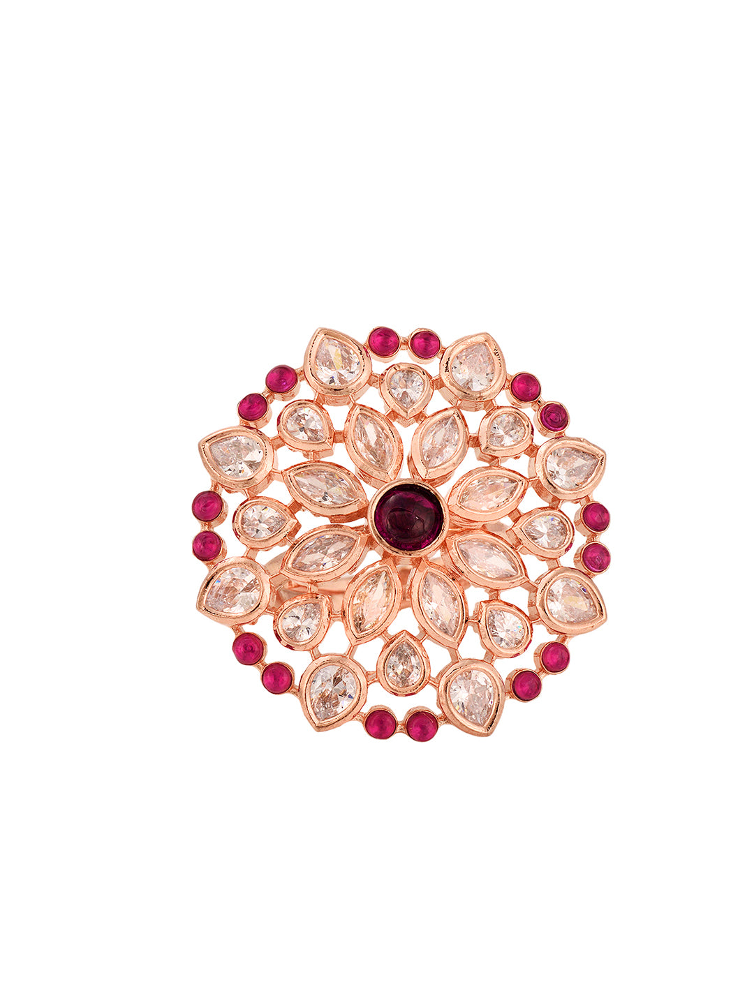 Rose Gold Plated Pink Ruby AD Studded Floral Adjustable Cocktail Finger Rings
