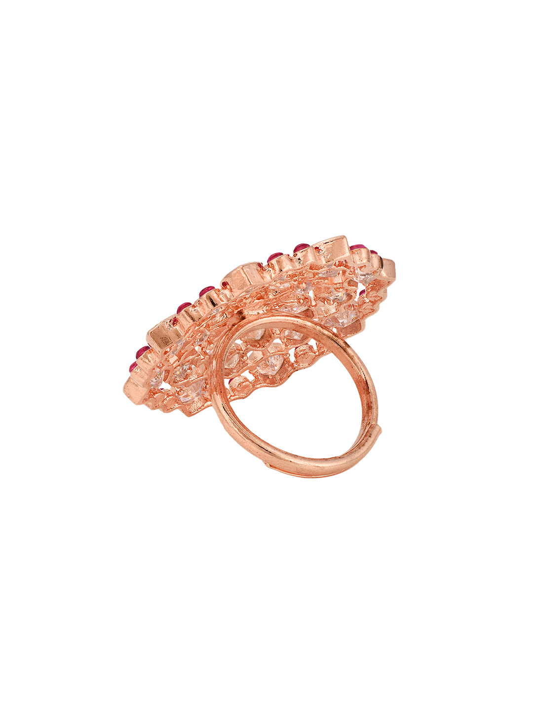 Rose Gold Plated Pink Ruby AD Studded Floral Adjustable Cocktail Finger Rings
