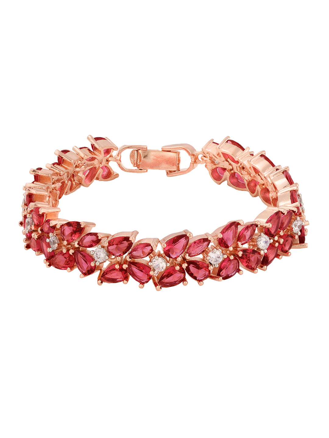 Rose Gold Plated Leaf Design Pink Ruby studded Designer Tennis Bracelet For Her