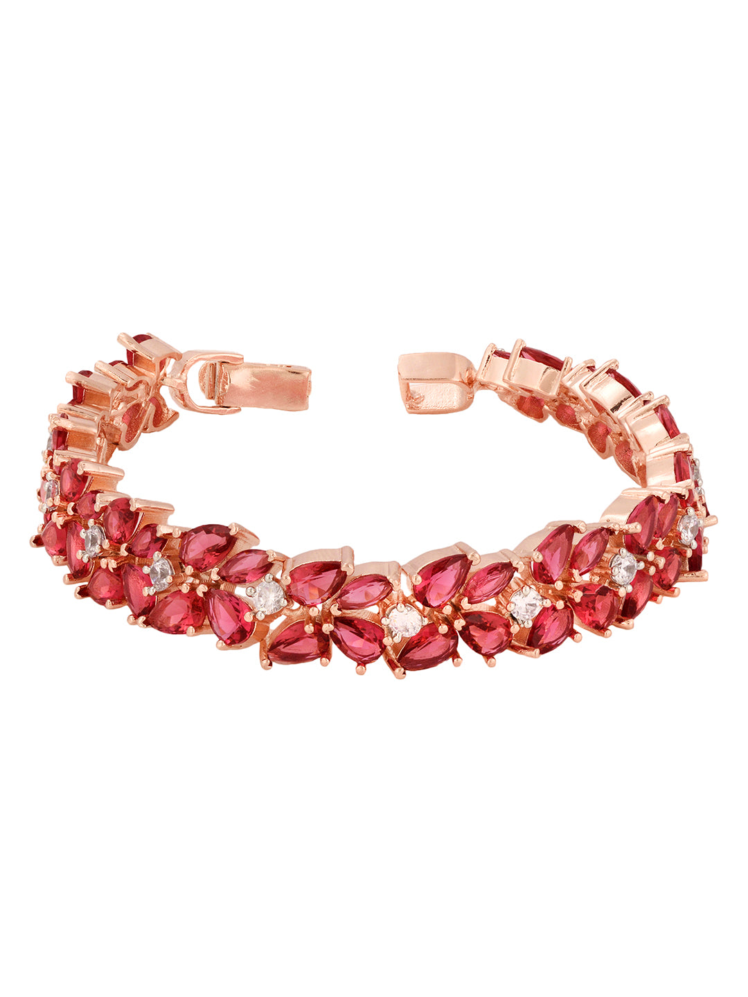 Rose Gold Plated Leaf Design Pink Ruby studded Designer Tennis Bracelet For Her