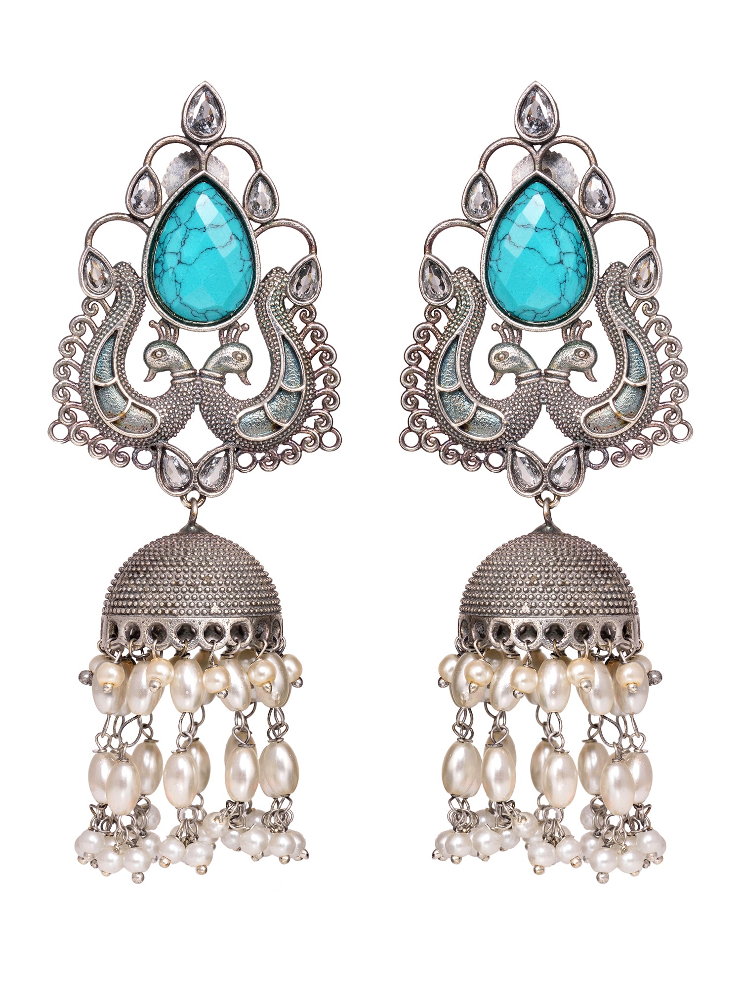 Turquoise Blue studded & beaded Oxidised Jhumka Earrings