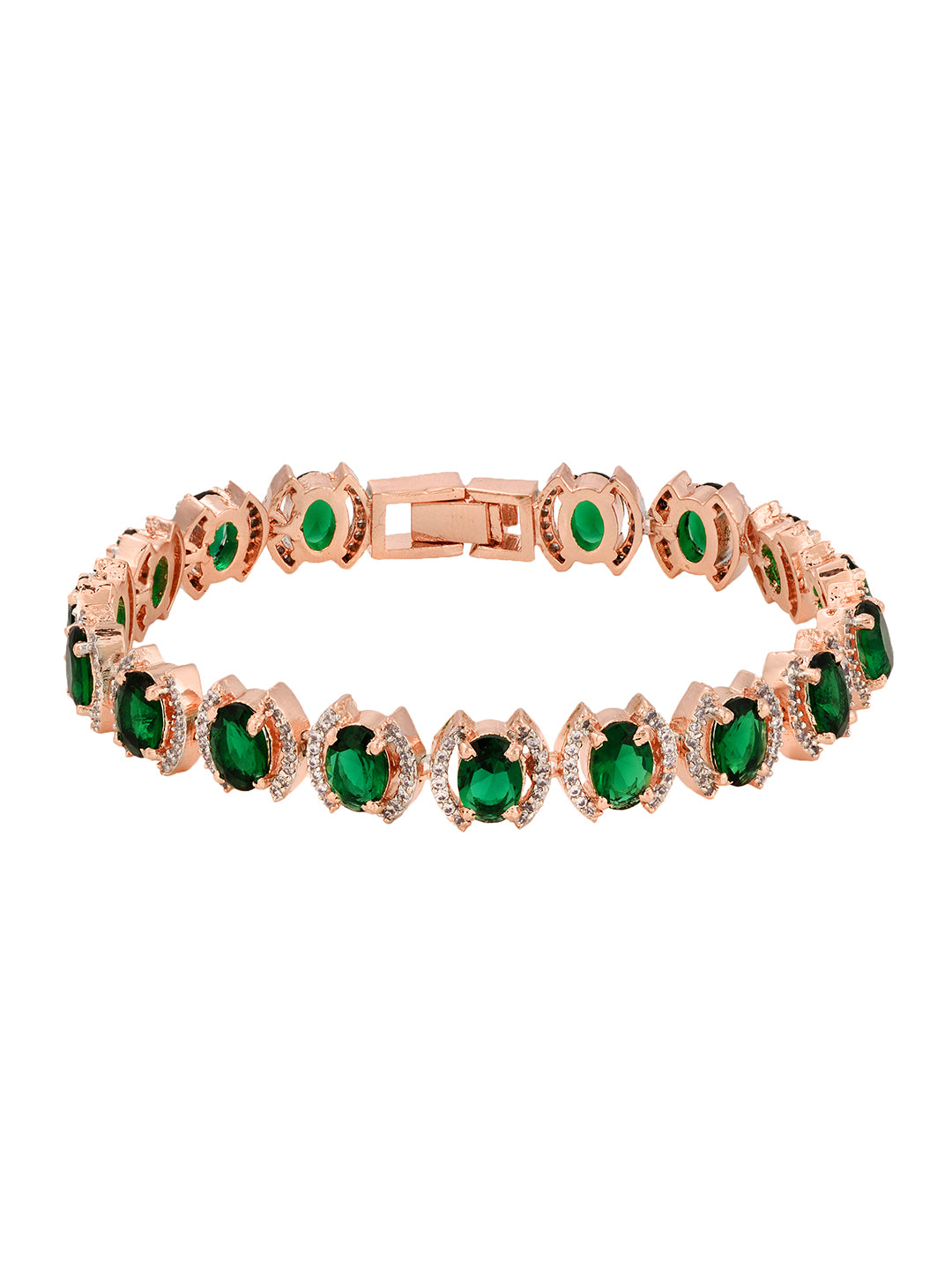 Rose Gold Plated Oval Green Ad Studded Designer Tennis Bracelet For Her