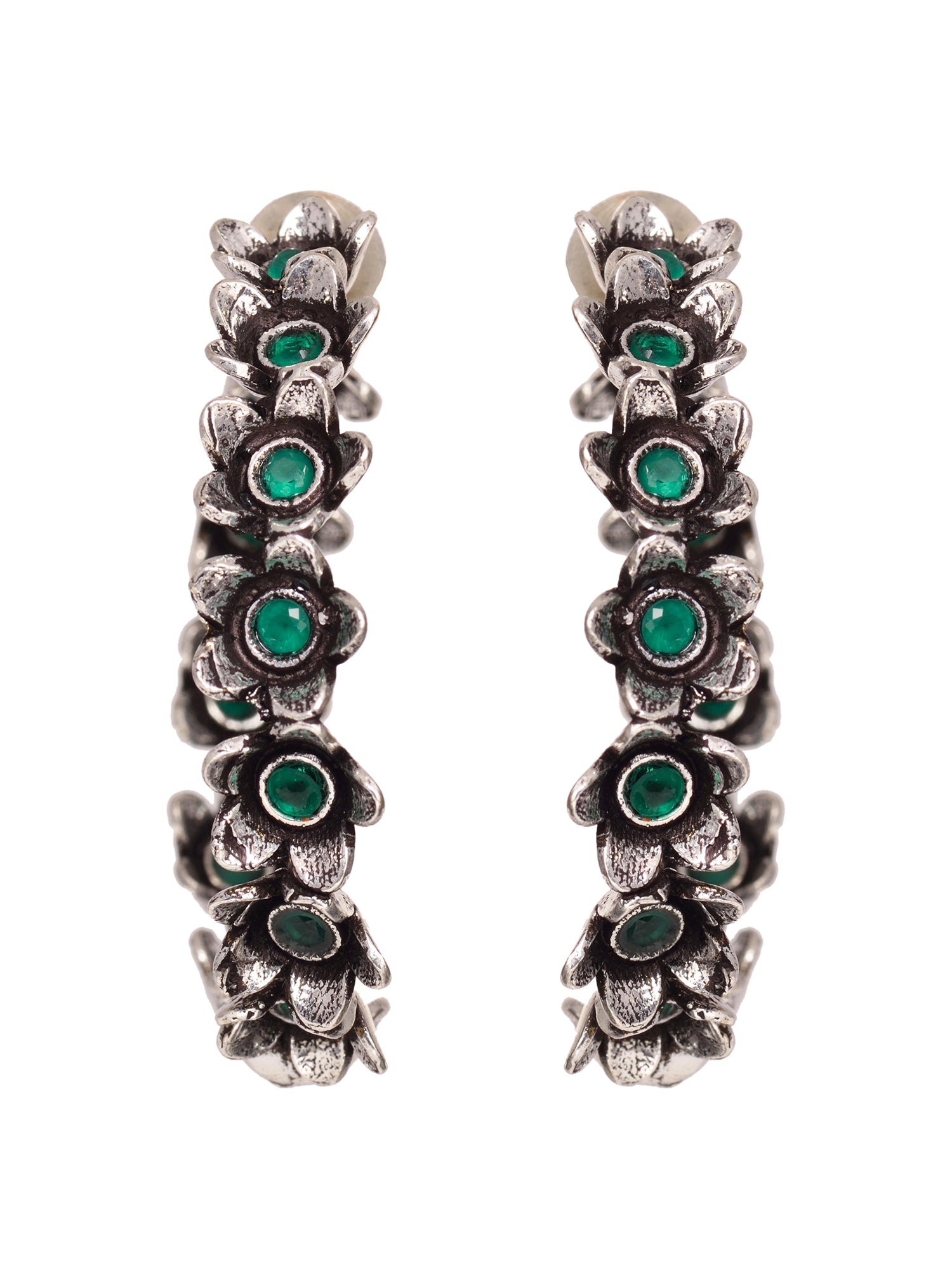 Silver Oxidised Green stone Studded Hoop Earrings