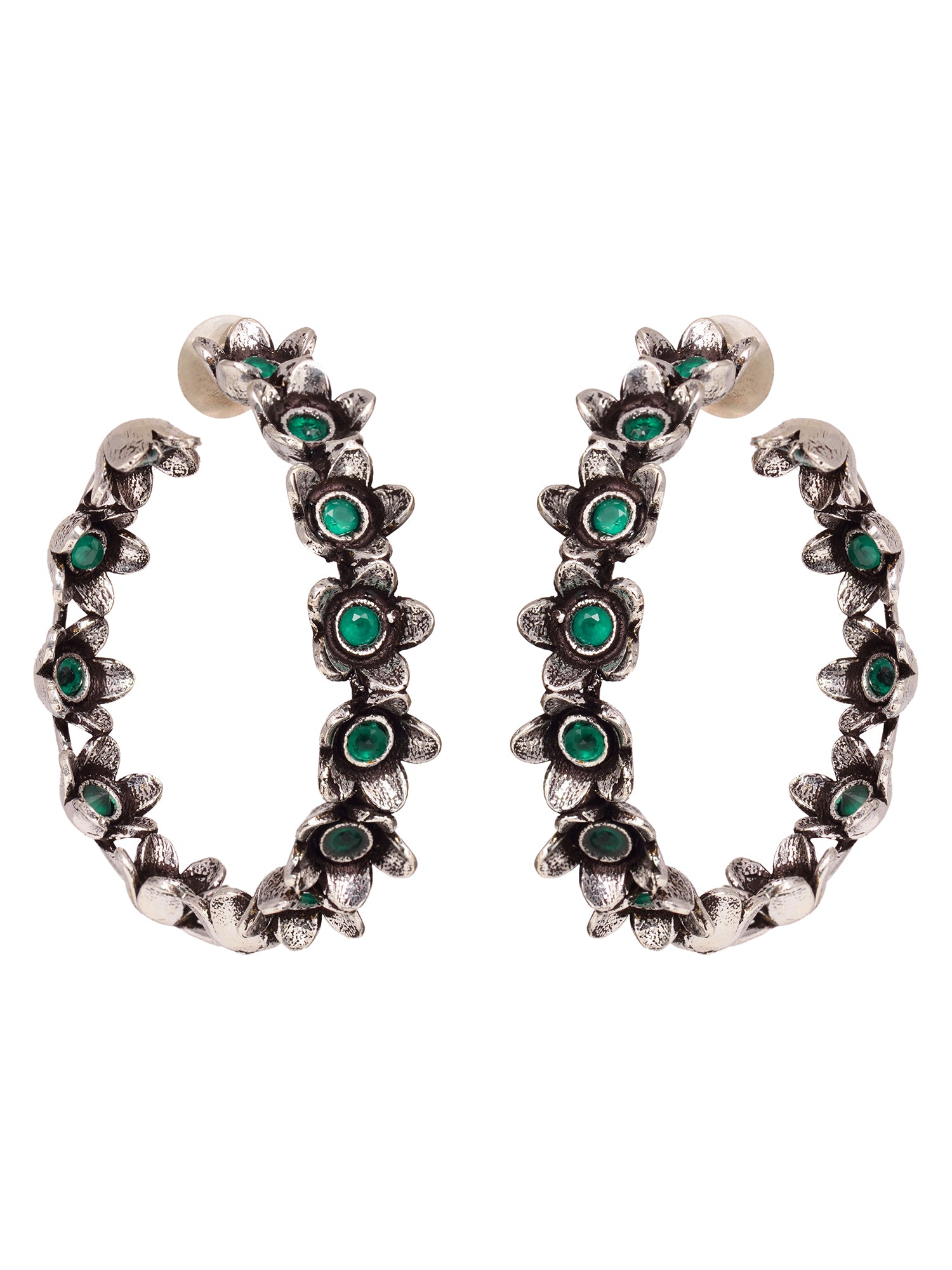 Silver Oxidised Green stone Studded Hoop Earrings