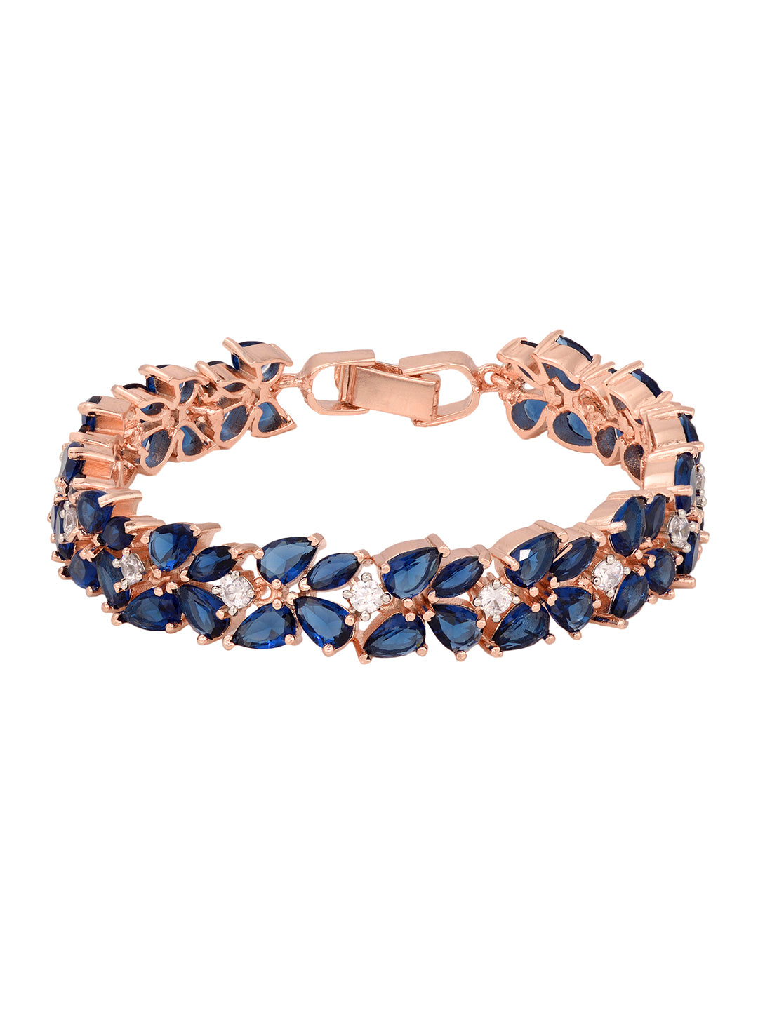 Rose Gold Plated Leaf Design Blue AD studded Designer Tennis Bracelet