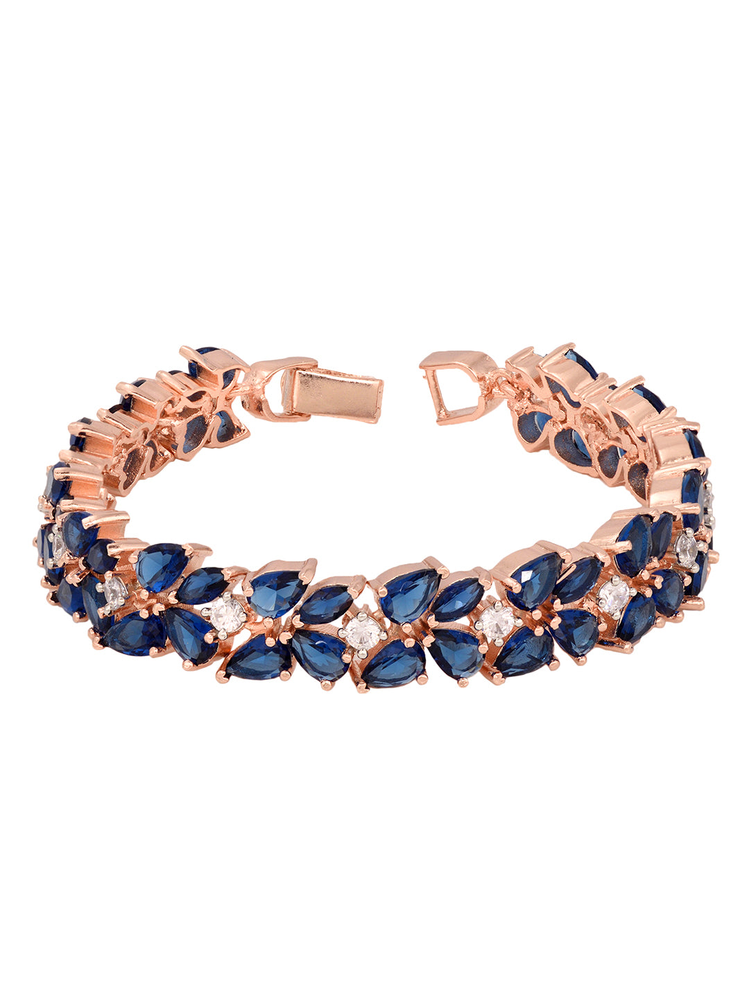 Rose Gold Plated Leaf Design Blue AD studded Designer Tennis Bracelet