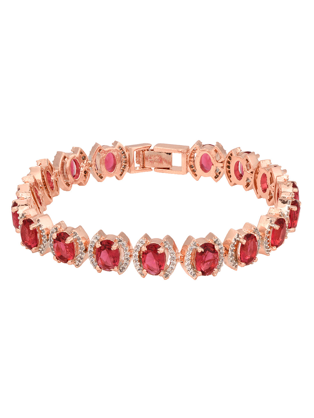 Rose Gold Plated Oval Pink Ruby Ad Studded Handcrafted Tennis Bracelet For Her
