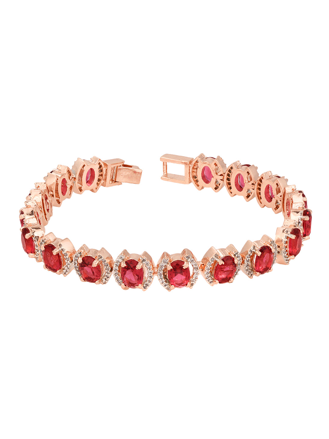Rose Gold Plated Oval Pink Ruby Ad Studded Handcrafted Tennis Bracelet For Her