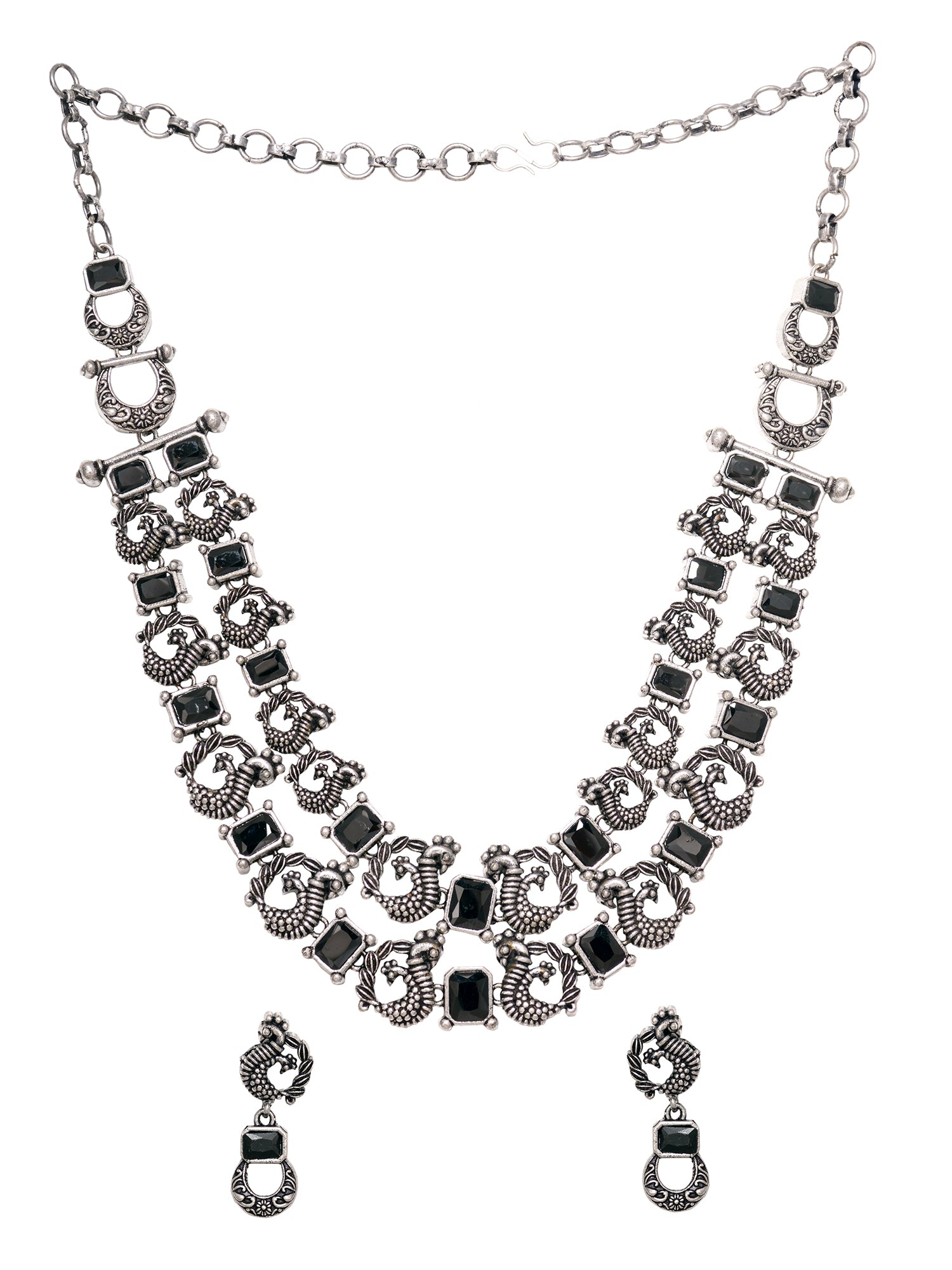 Silver Oxidised Black Stone Studded Double Layered Necklace Jewellery Set