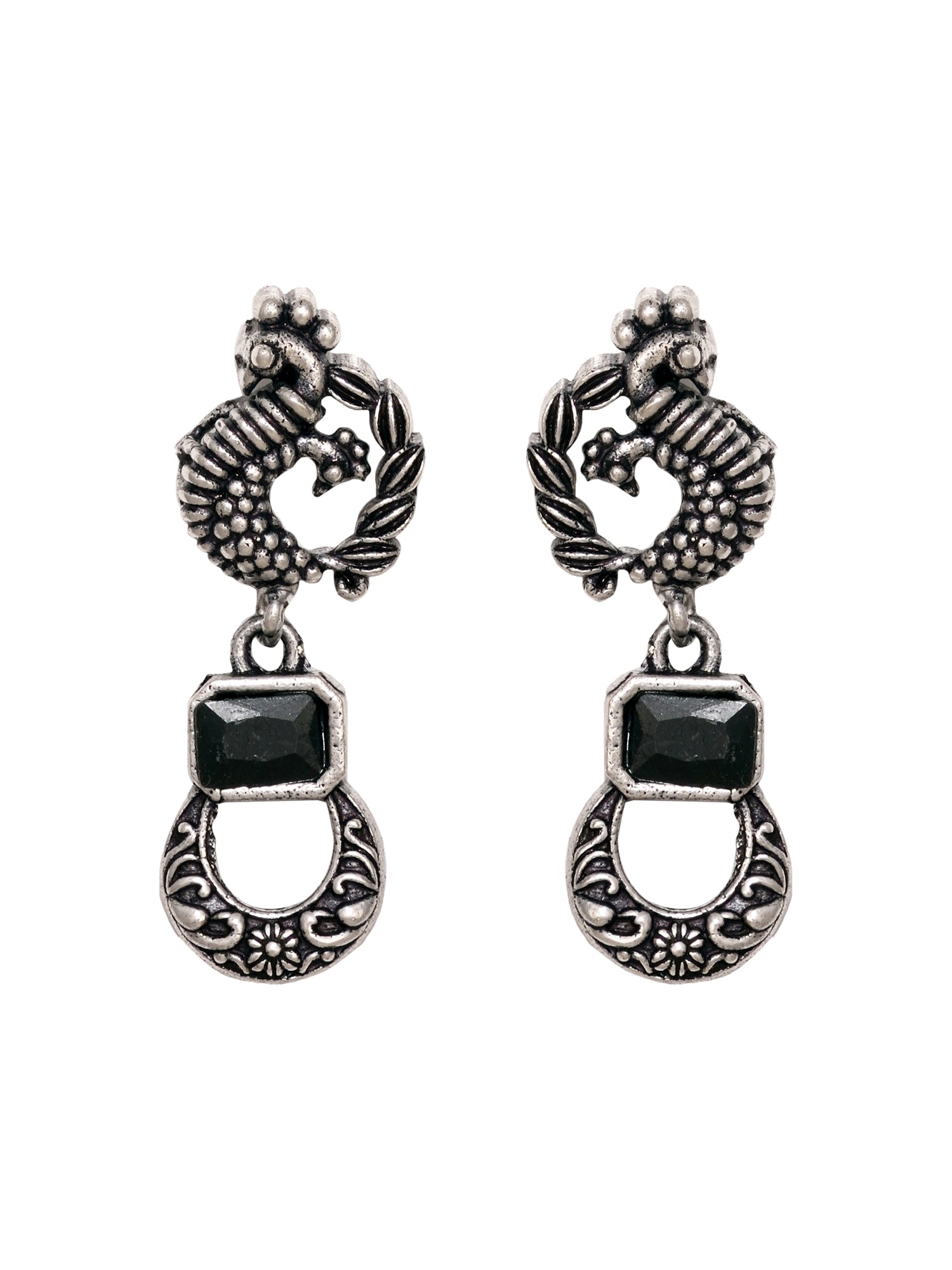 Silver Oxidised Black Stone Studded Double Layered Necklace Jewellery Set