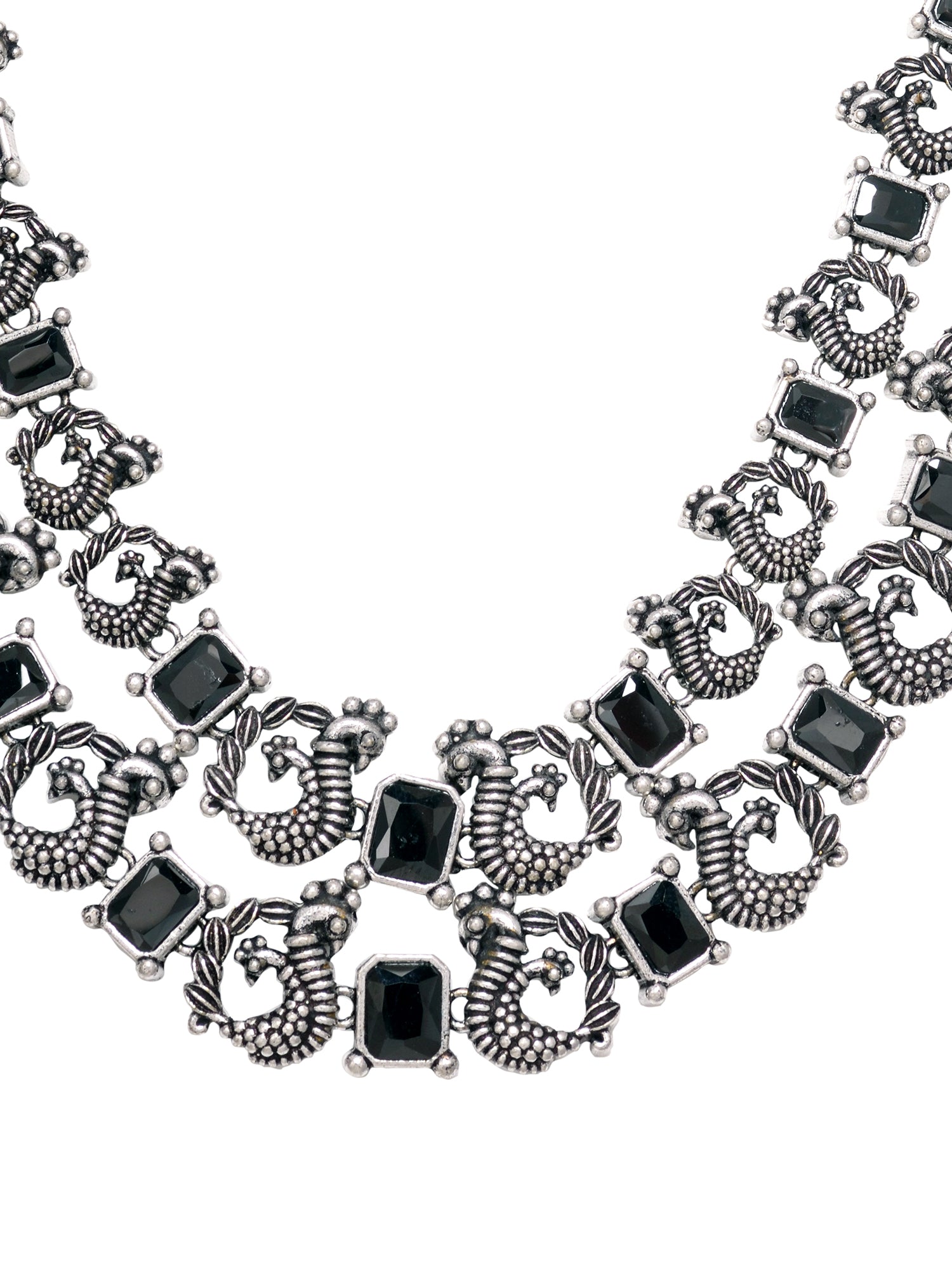 Silver Oxidised Black Stone Studded Double Layered Necklace Jewellery Set