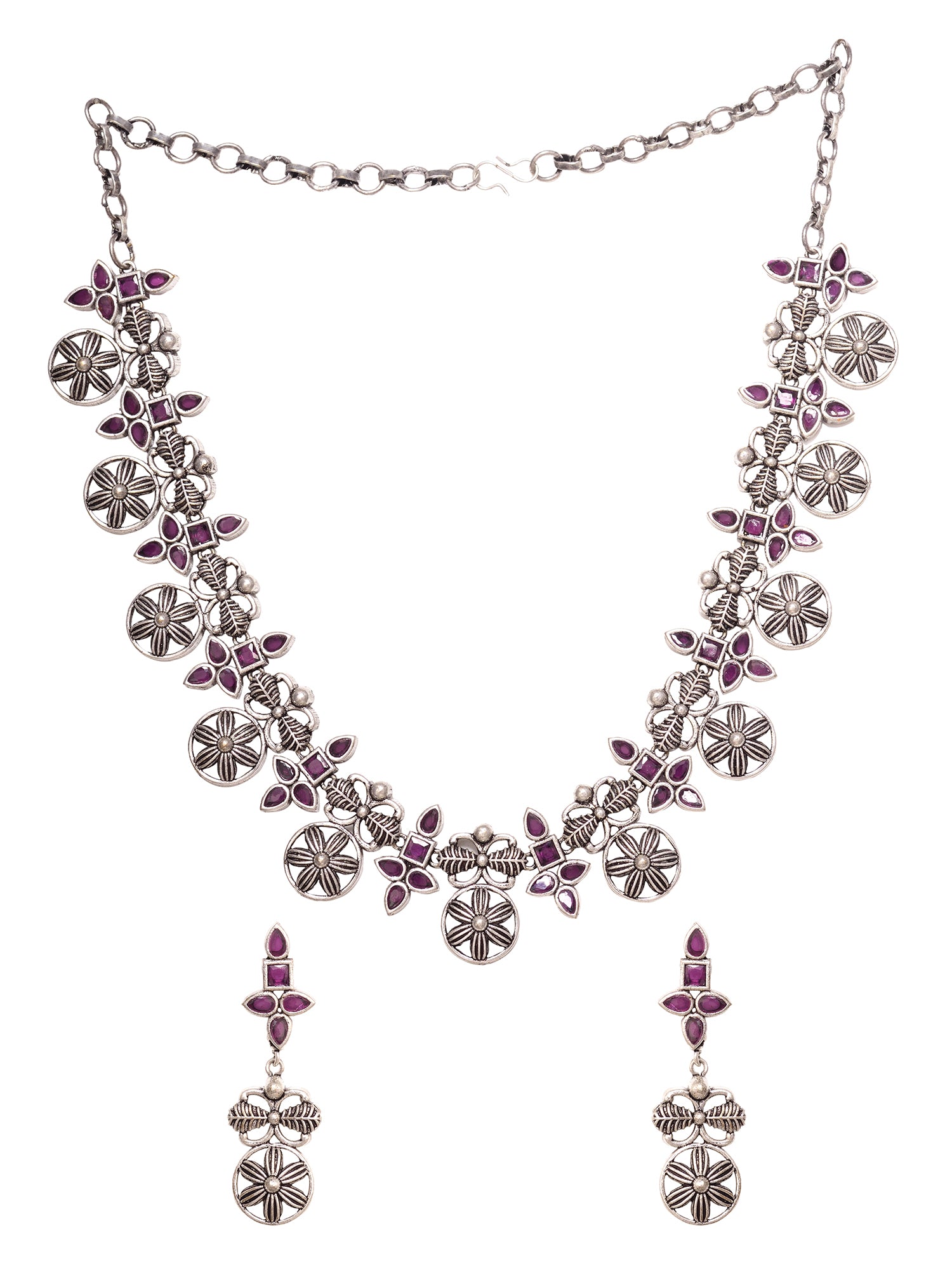 Silver Oxidised Maroon Stone Studded Tribal Necklace Jewellery Set