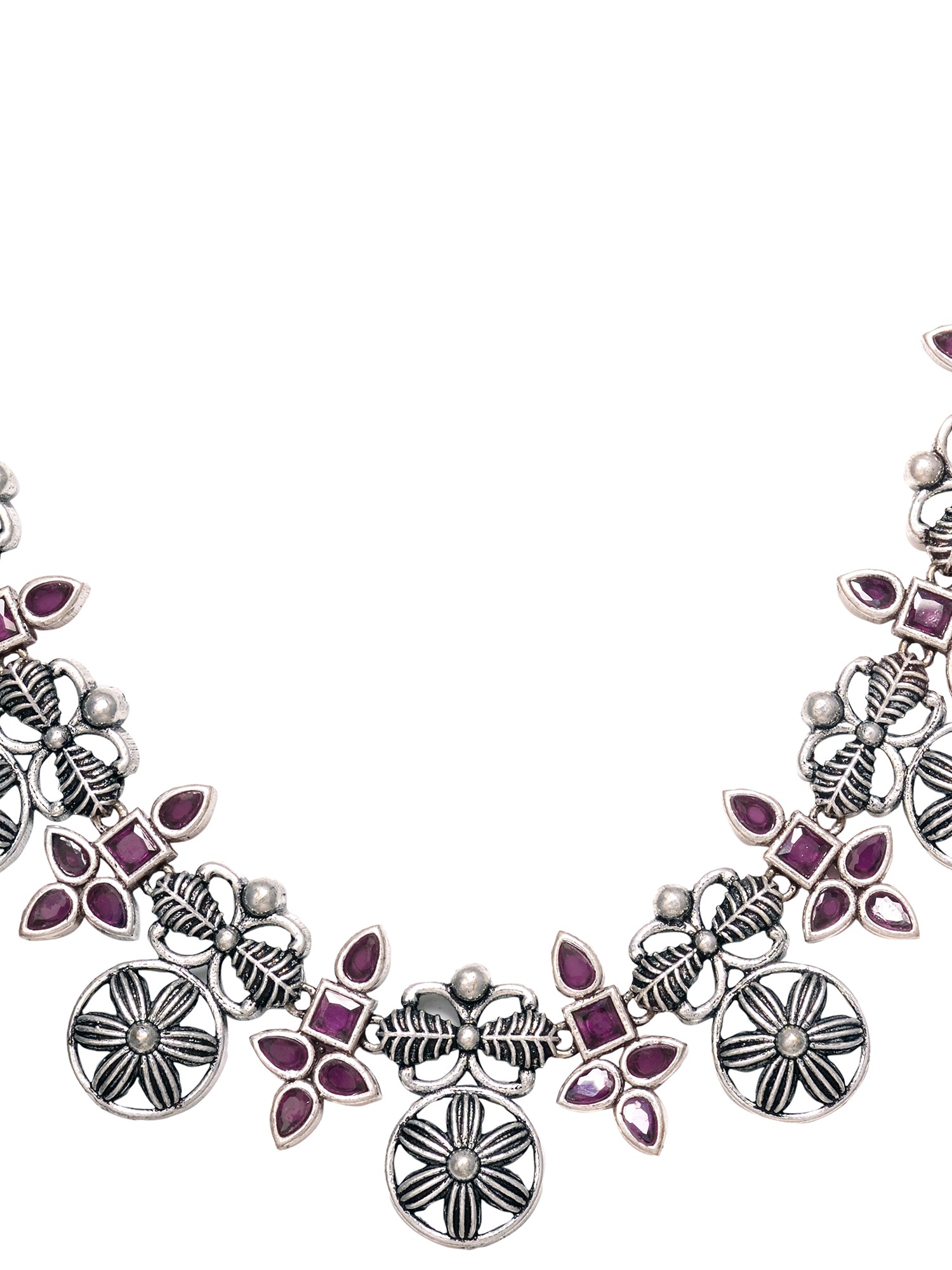 Silver Oxidised Maroon Stone Studded Tribal Necklace Jewellery Set