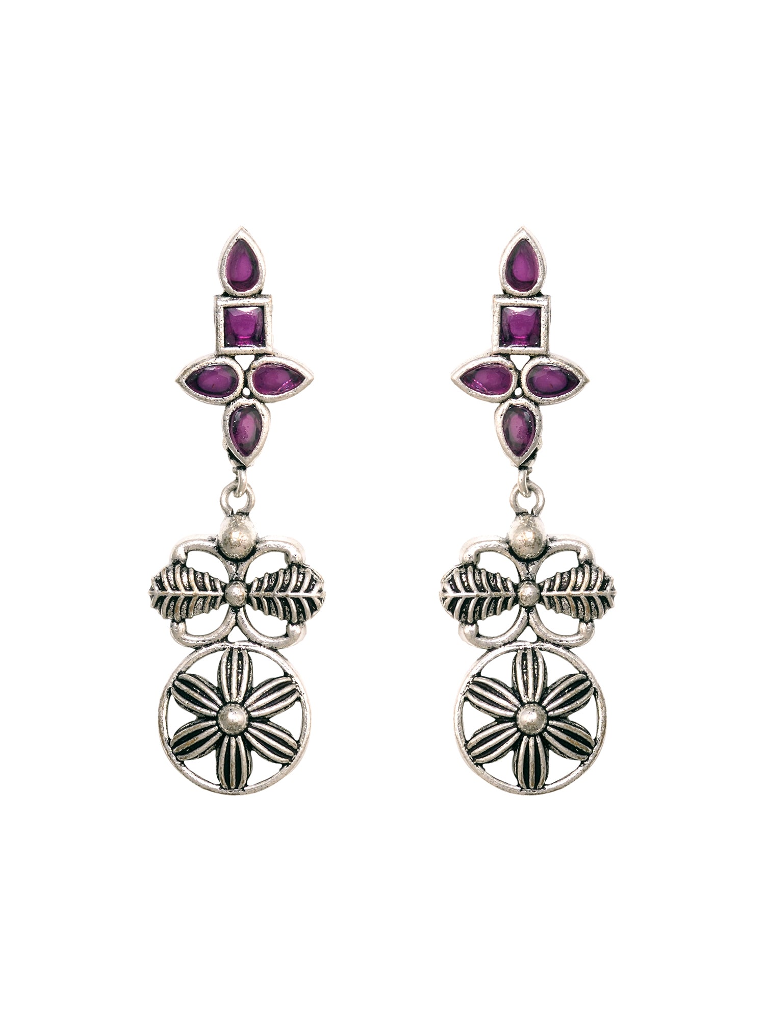 Silver Oxidised Maroon Stone Studded Tribal Necklace Jewellery Set