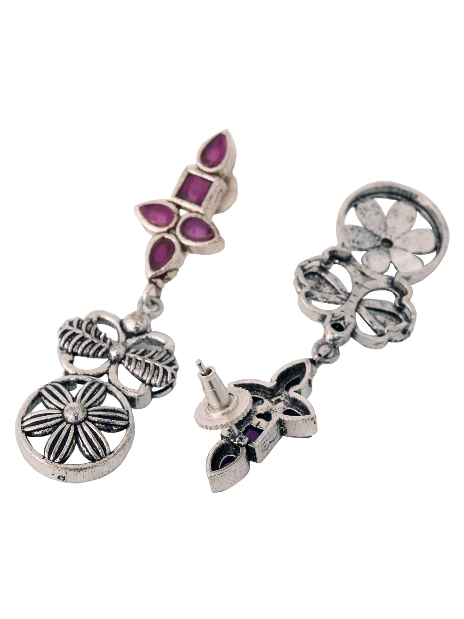 Silver Oxidised Maroon Stone Studded Tribal Necklace Jewellery Set