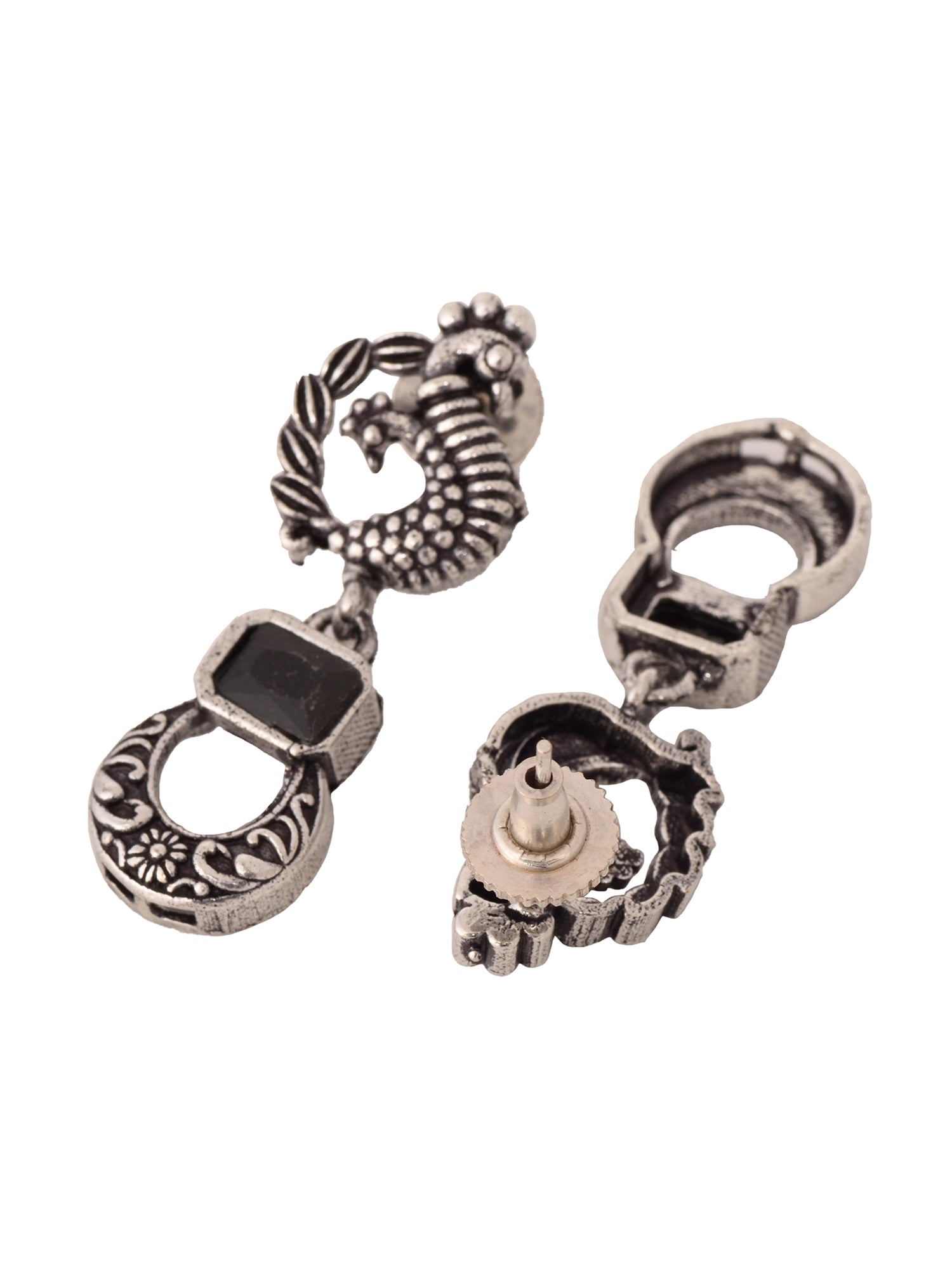 Silver Oxidised Black Stone Studded Double Layered Necklace Jewellery Set