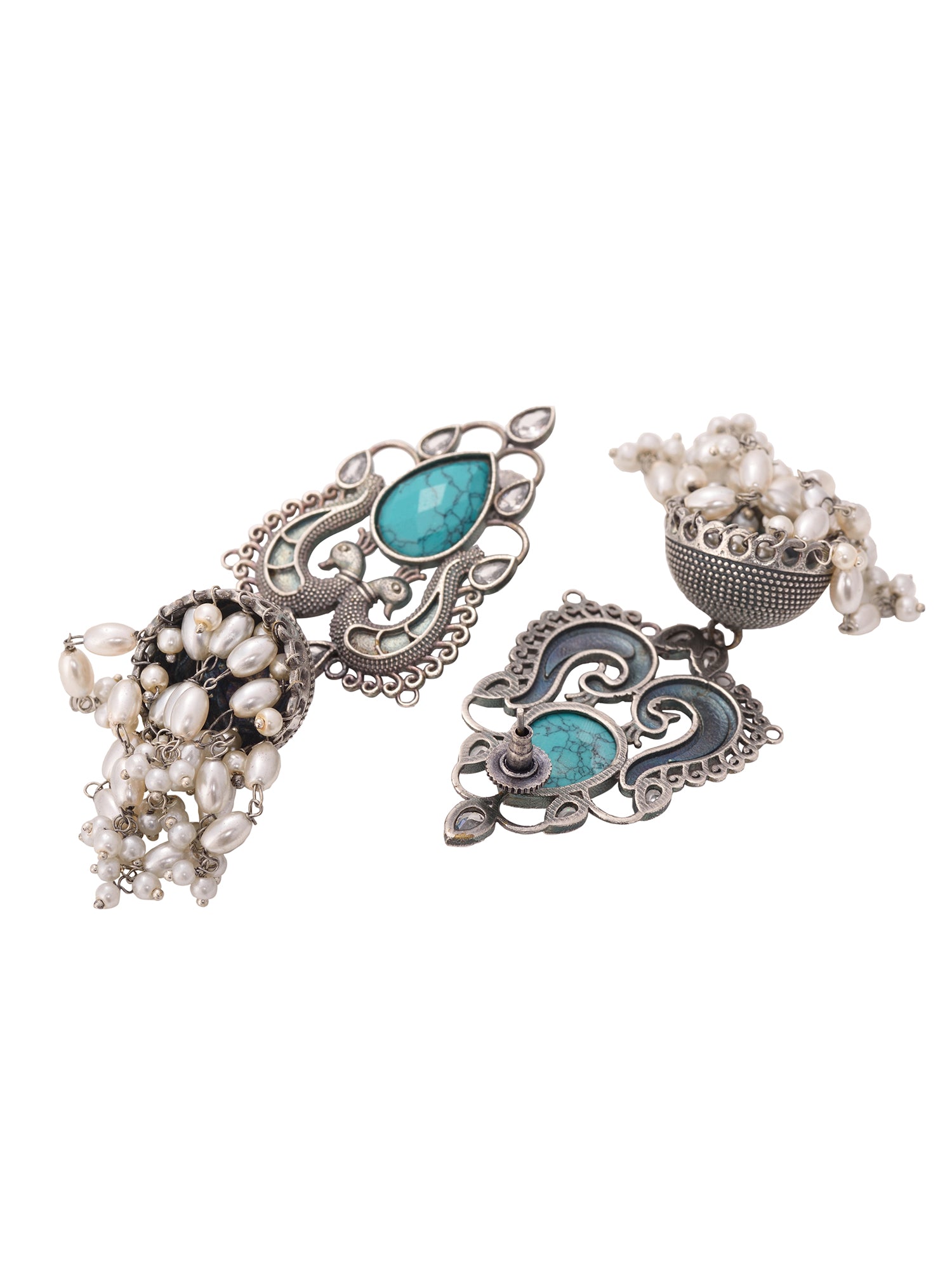 Turquoise Blue studded & beaded Oxidised Jhumka Earrings