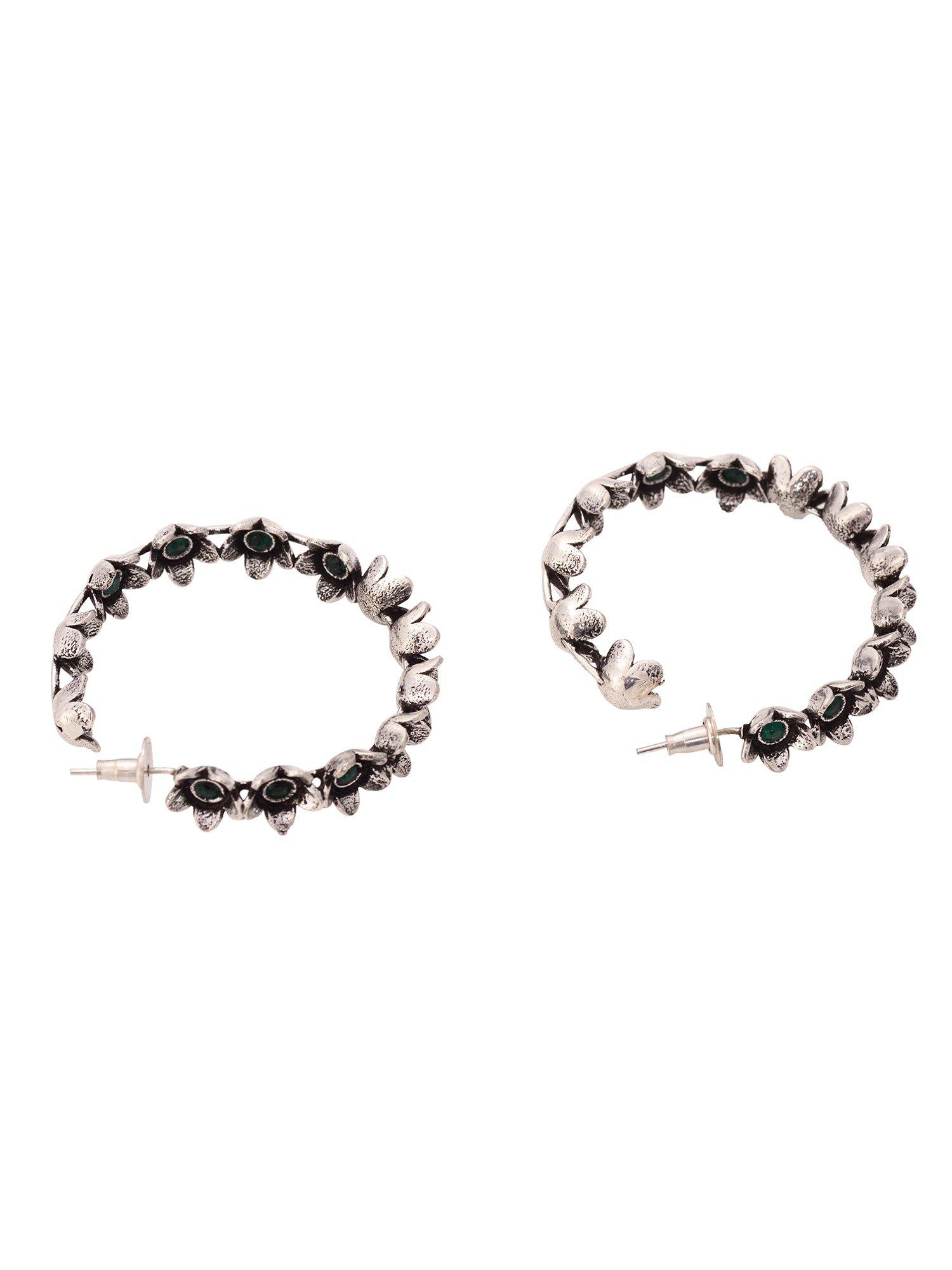 Silver Oxidised Green stone Studded Hoop Earrings