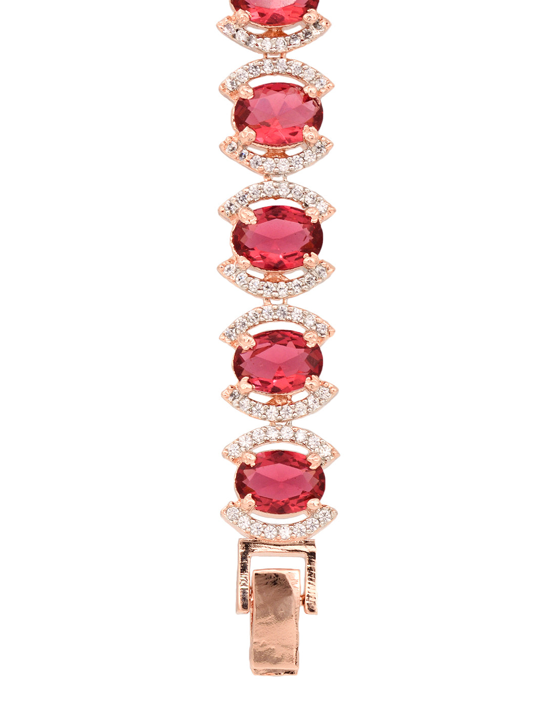 Rose Gold Plated Oval Pink Ruby Ad Studded Handcrafted Tennis Bracelet For Her
