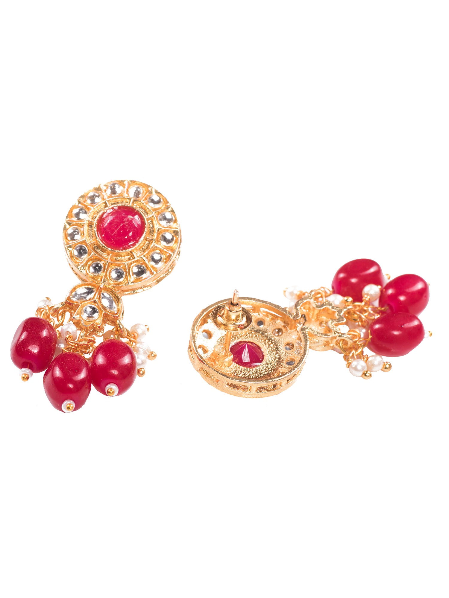 Gold Plated Red & White Pearl Beaded Necklace Jewellery Set