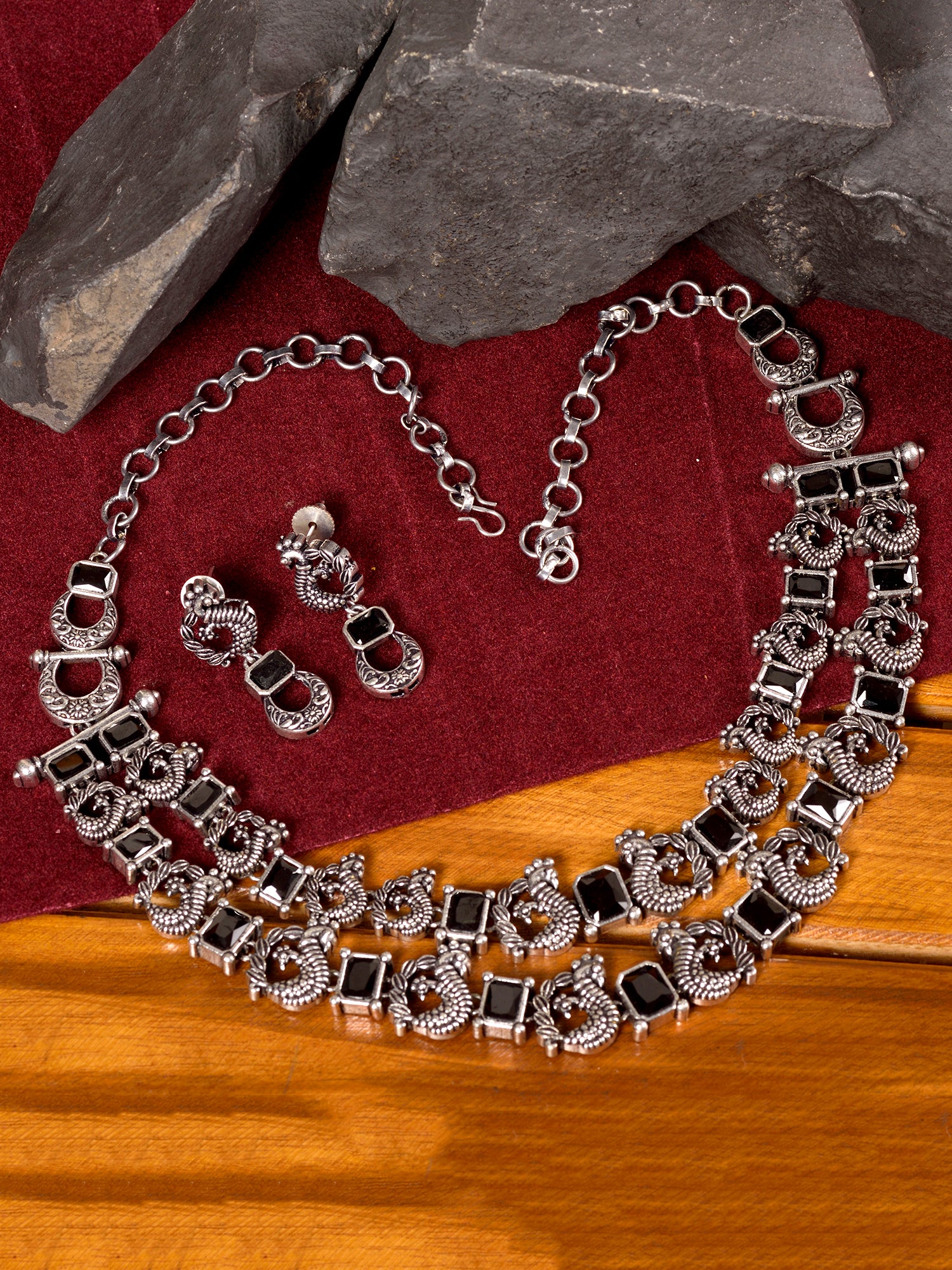 Silver Oxidised Black Stone Studded Double Layered Necklace Jewellery Set